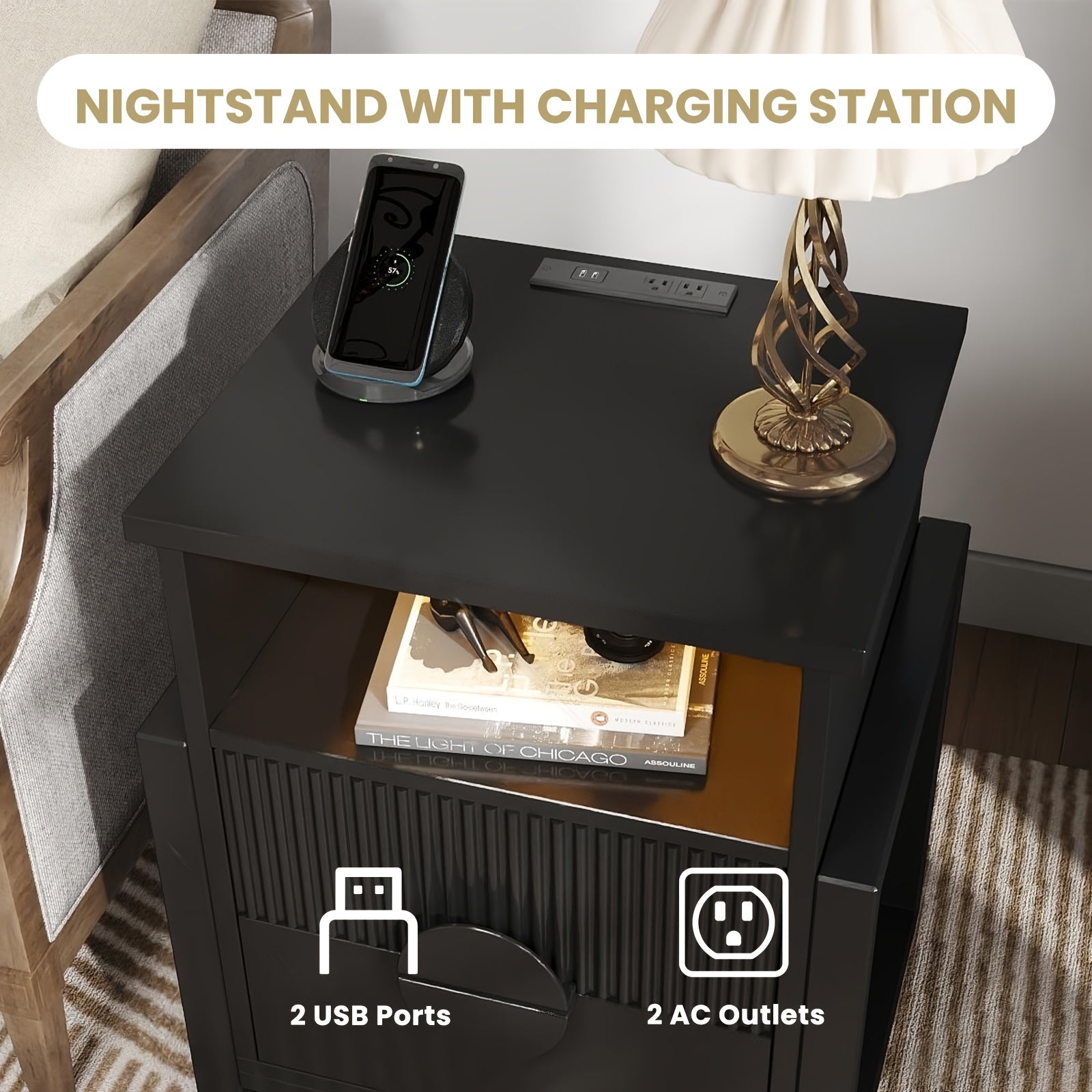 Modern Nightstand with Charging Station & LED Lights, Fluted Bedside Table with 2 Drawers, End Table for Bedroom, Living Room, Black/Gray