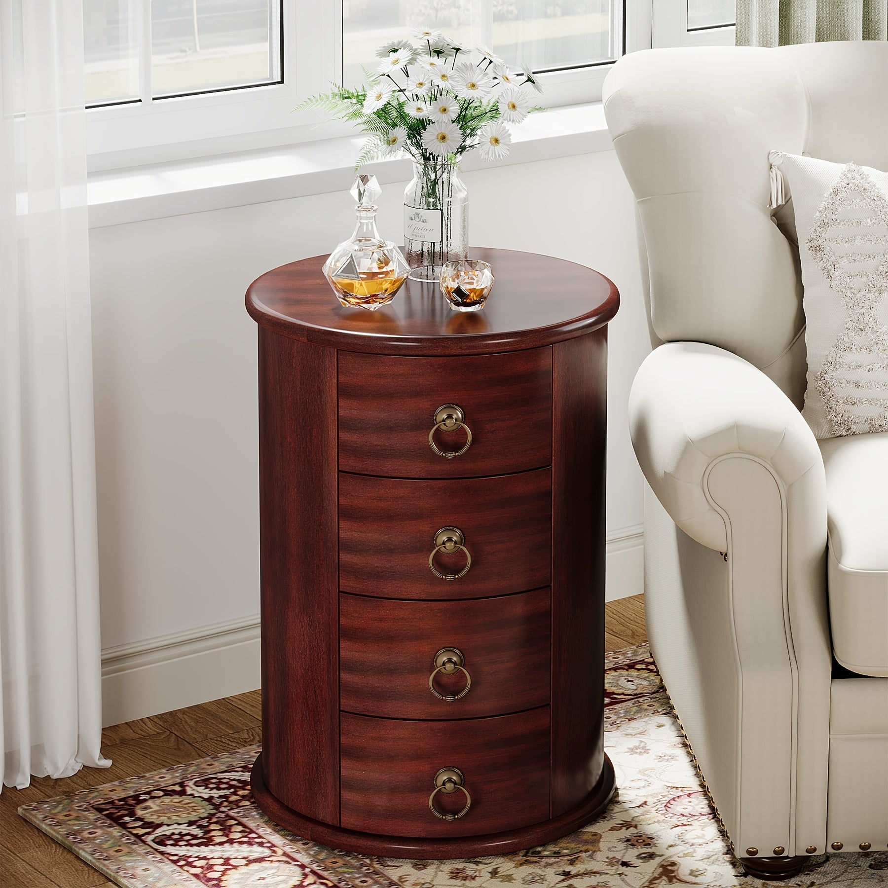 Charming Vintage-Style Solid Wood Round End Table with 4 Drawers - Mid-Century Modern Design, Warm Cherry Brown Finish, Perfect for Small Spaces in Living Room or Bedroom, No Assembly Required