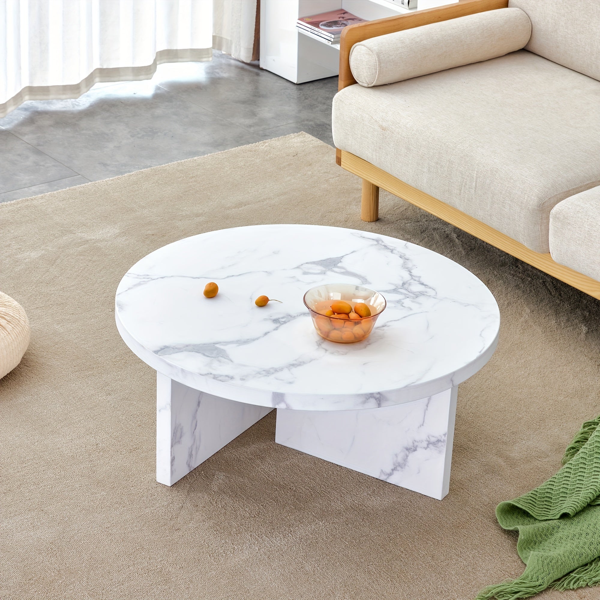 Modern Marble-Look Round Coffee Table For Living Room, Unique Circle Central Table, White Faux Marble Coffee Tables For Home Reception Office Waiting Area