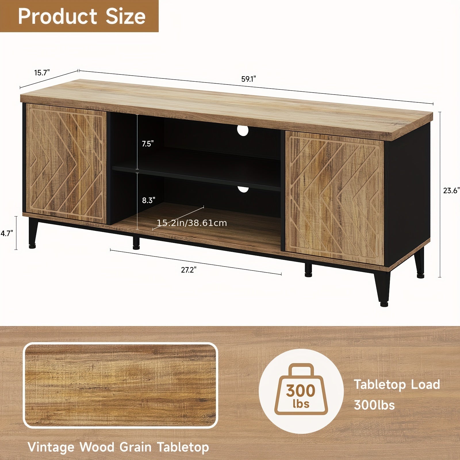 Vintage Hardwood TV Stand for 65" TV, Mid Century Modern Entertainment Center, Wood-Based Panel & Solid Wood Construction, with USB Powered LED Lights, for Living Room Media Console with Storage