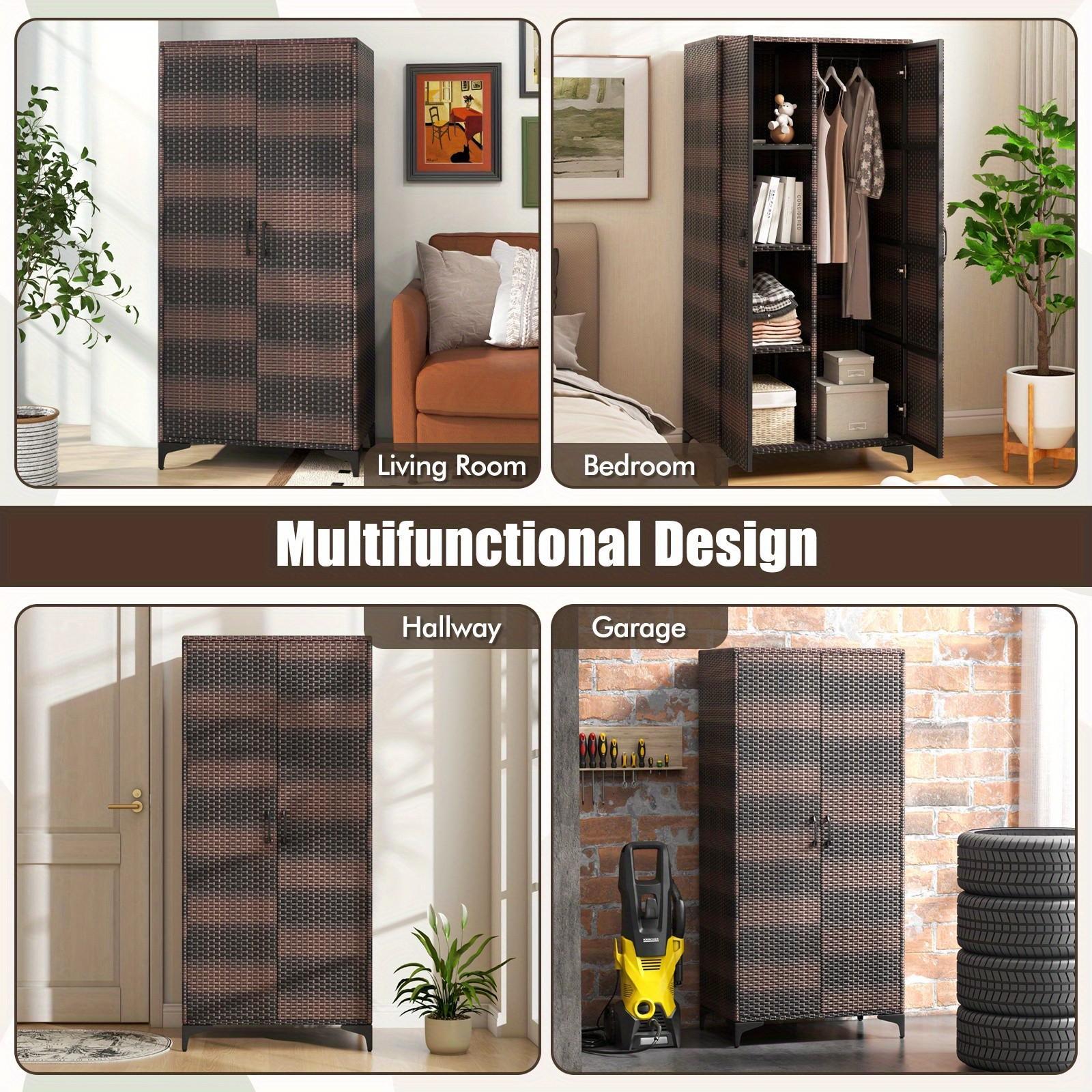 Wicker Wardrobe with 2 Doors, 62" PE Rattan Wardrobe Armoire Closet w/ Hanging Rod & 4 Storage Cubes, Clothes Organizer for Bedroom, Storage Cabinet for Home, Patio, Garage, Black/Mix Brown