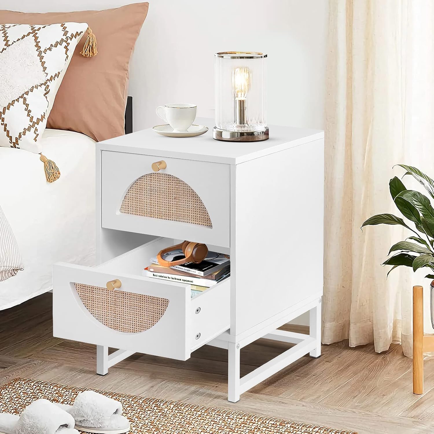 Boho Rattan Nightstand, End Side Table with 2 Rattan Drawers, Wood Square-Shaped Bedside Table with Storage and Metal Leg, Accent Sofa Side Table for Home, Office, Living Room, Bedroom, White