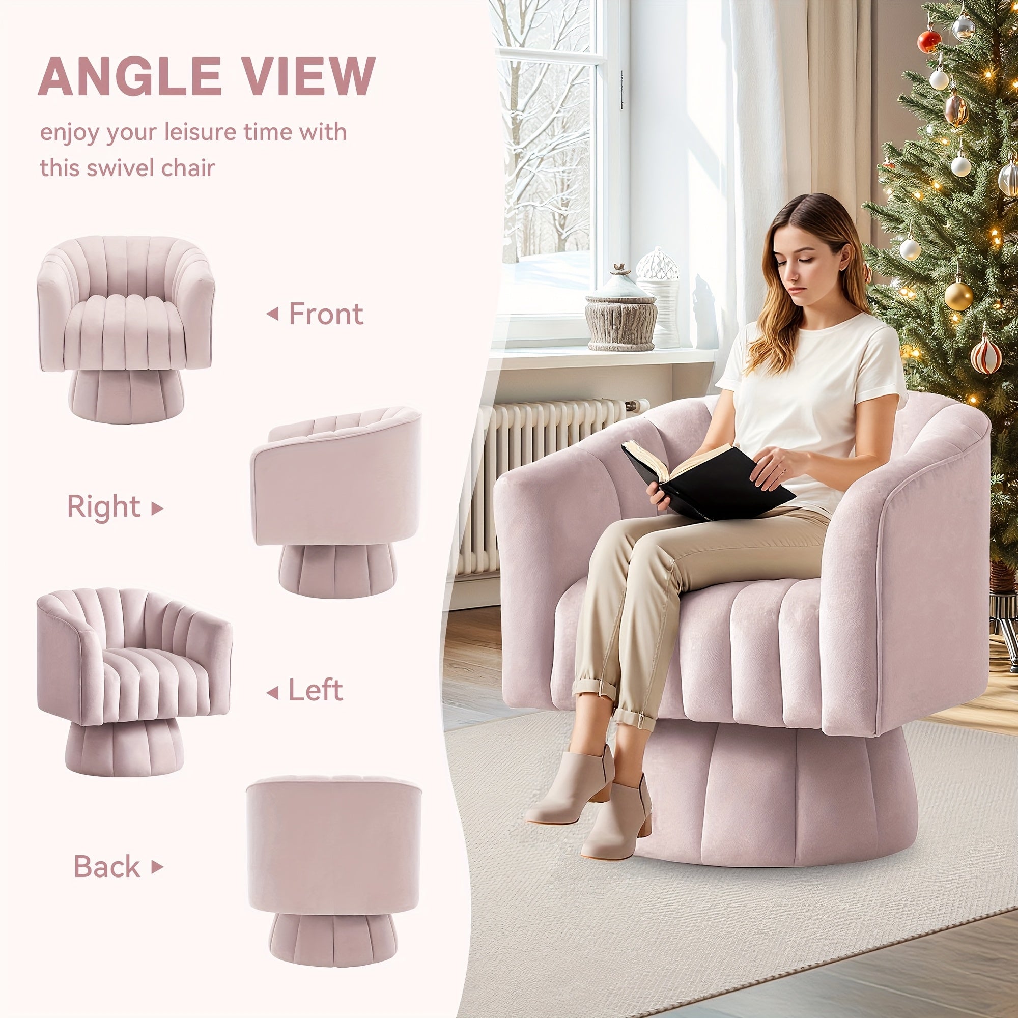 Elegant Pink Velvet 360° Swivel Armchair - Mid-Century Design with Pillowized Seat Cushion, Thickened Comfort Upholstery, Ideal for Modern Living Spaces, Comfy Chair