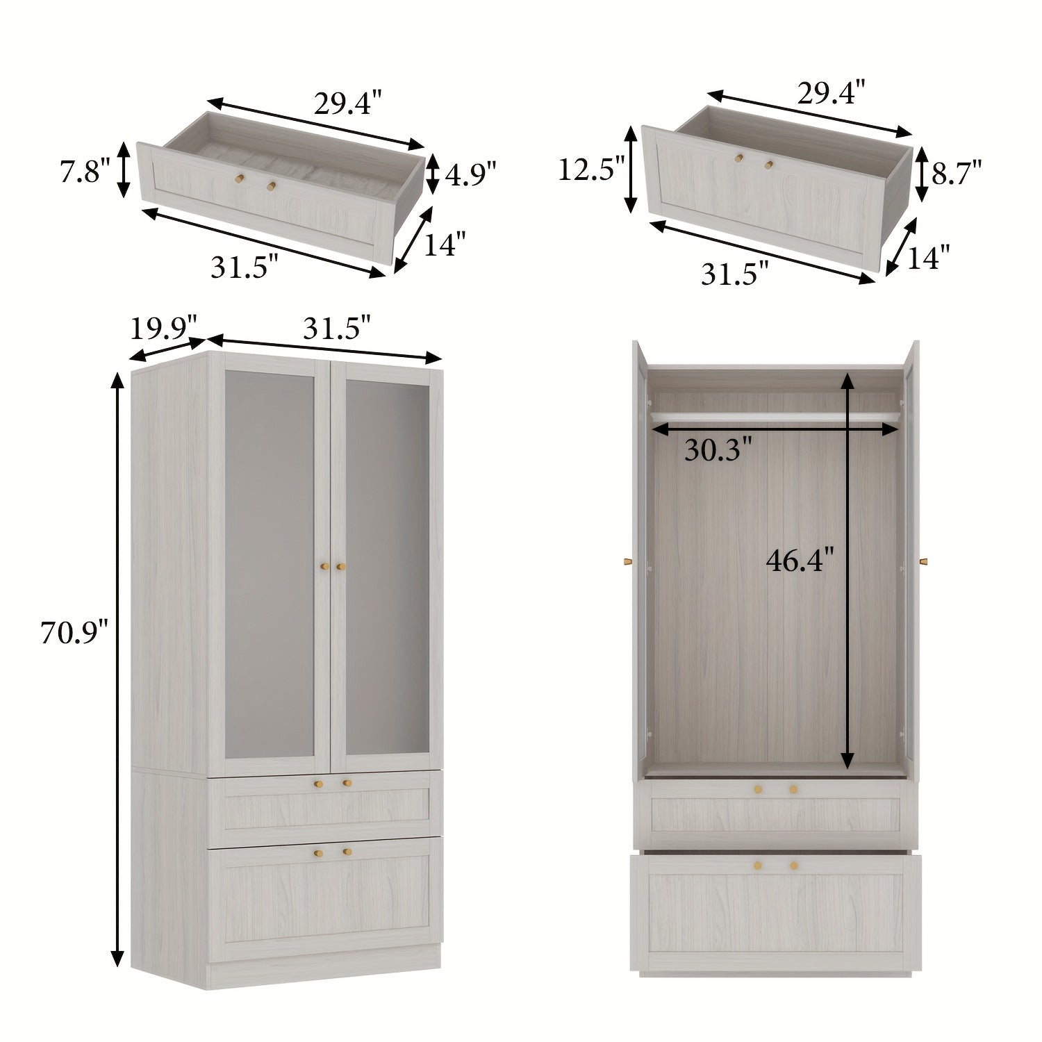 Wardrobe Armoire Closet With Frosted Glass Doors, Wardrobe Cabinet With Hanging Rod And Drawers, Clothes Wardrobe For Bedroom