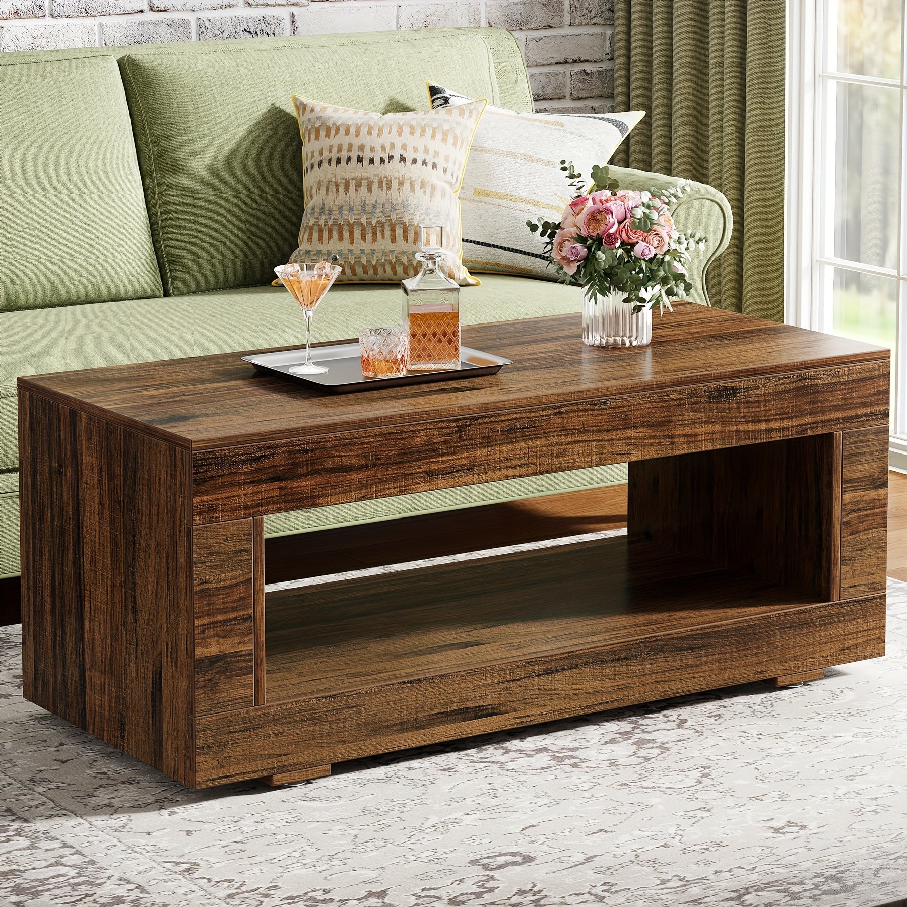 Coffee Table For Living Room, 107cm Modern Farmhouse Coffee Table With Storage, 2-Tier Wood Rectangular Center Table Cocktail Living Room Table With Sturdy Base, Rustic Brown