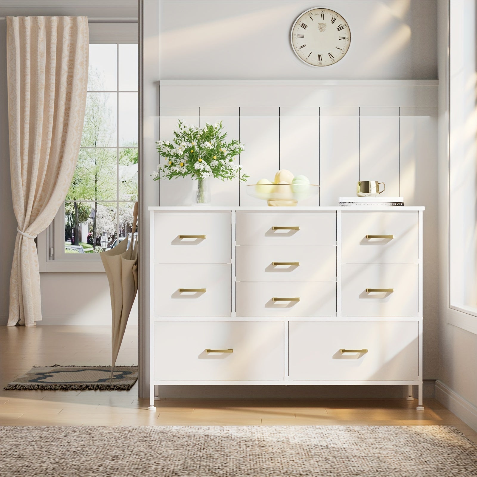 5/8/9 Drawers Dresser For Bedroom White Dresser With Fabric Drawers Chest Of Drawers With PU Finish Metal Handle