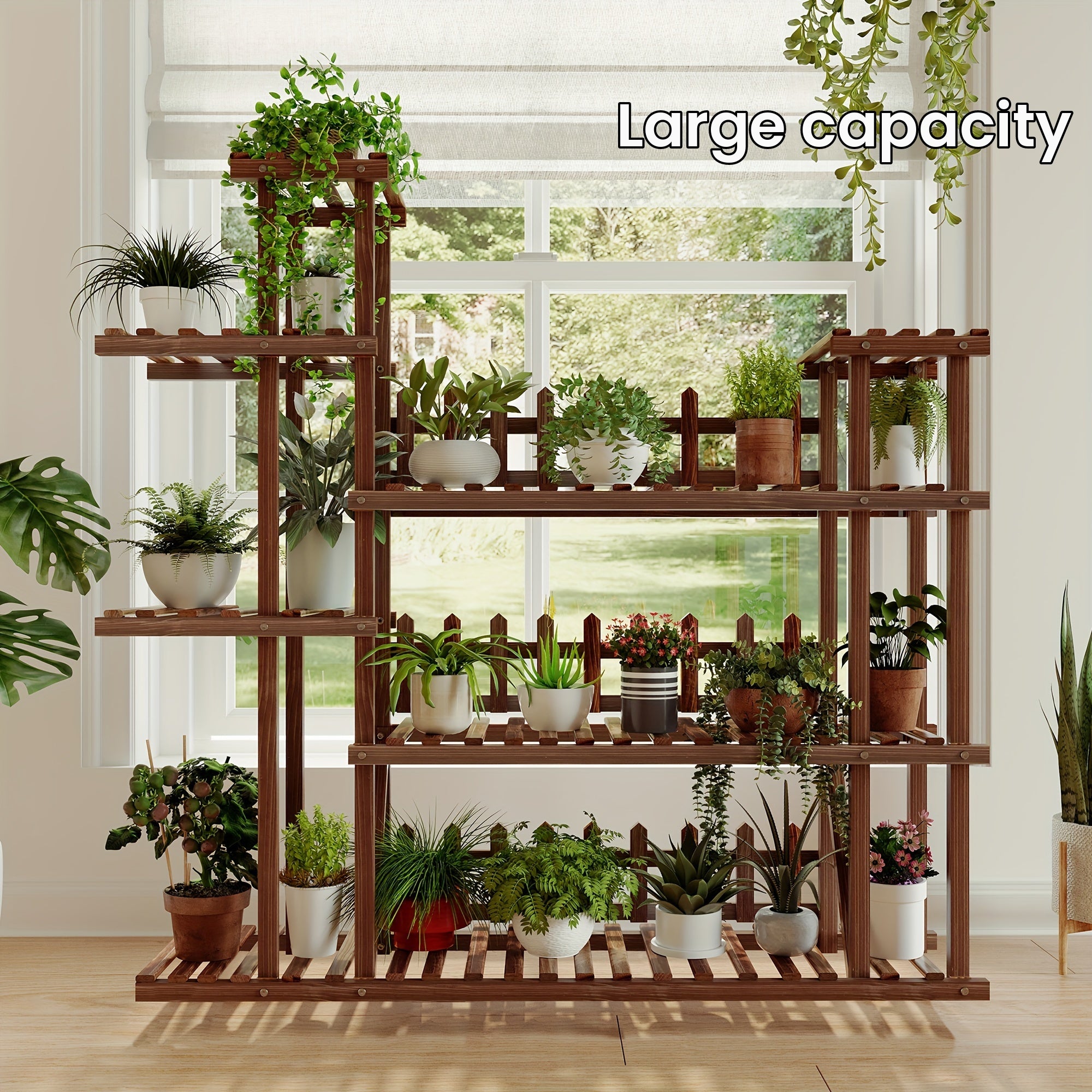 Large Capacity Multi-Tier Wooden Plant Stand - Indoor/Outdoor Display Shelf for Various Plant Types, Ideal for Living Room, Patio, Garden - Sturdy Natural Wood with Spacious Aisle for Optimal Air Circulation