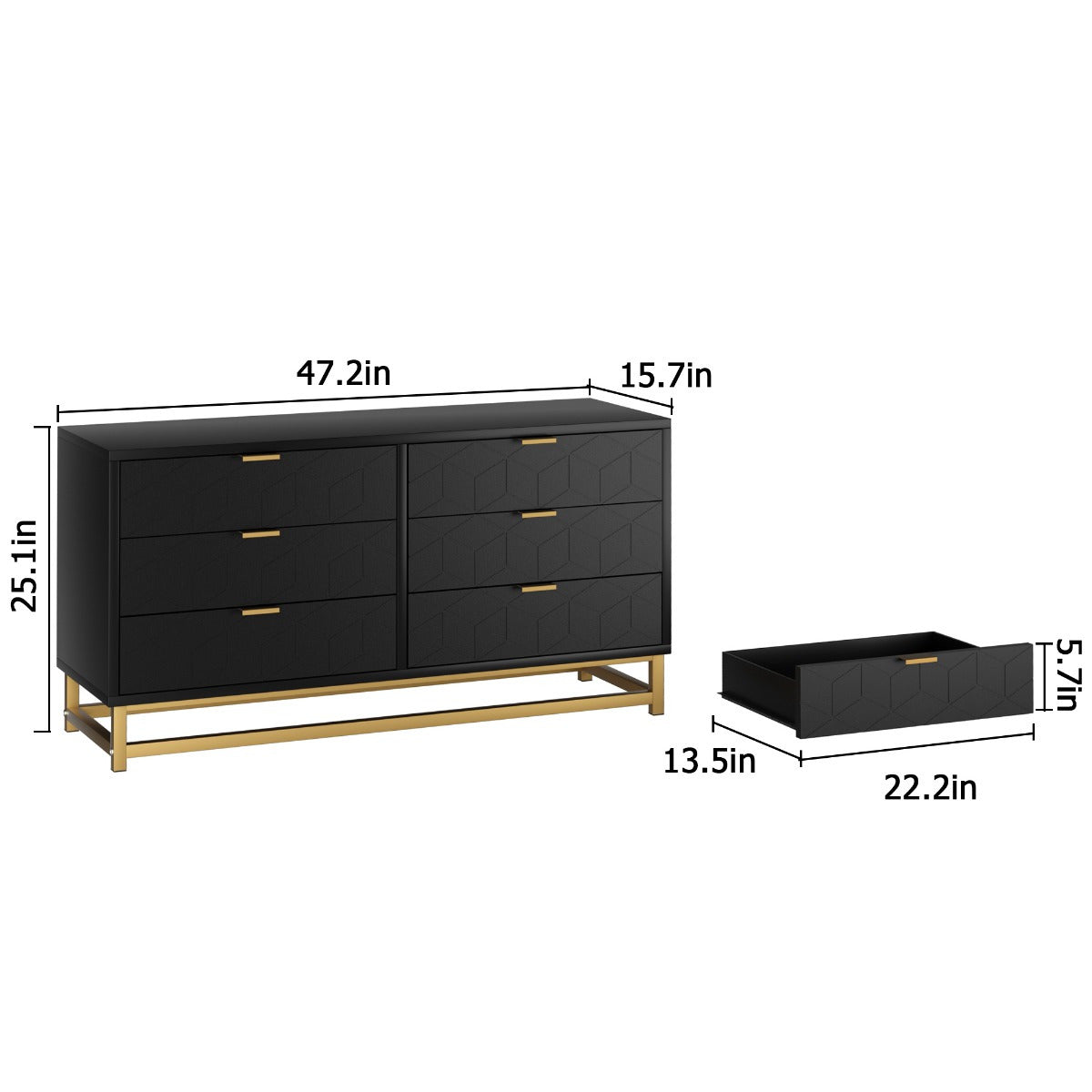 Elegant Black Dresser with 6 Drawers - Diamond Pattern Golden Handles & Base Freestanding Storage for Bedroom