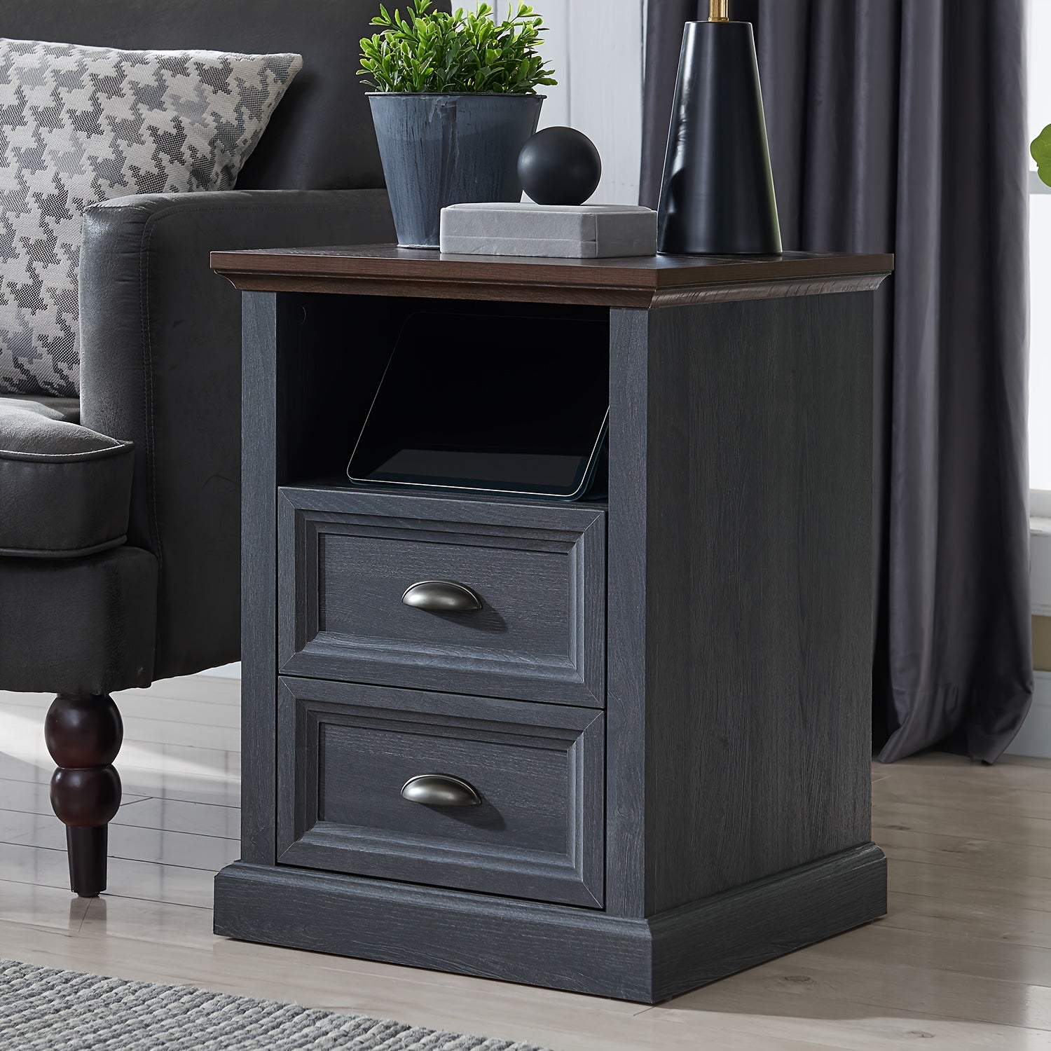 Nightstand with Charging Station, 2 Drawer Dresser for Bedroom, Small Wood Rustic Dresser with Drawers, End Table w/Open Shlef, Side Table for Bedroom, Living Room, Closet