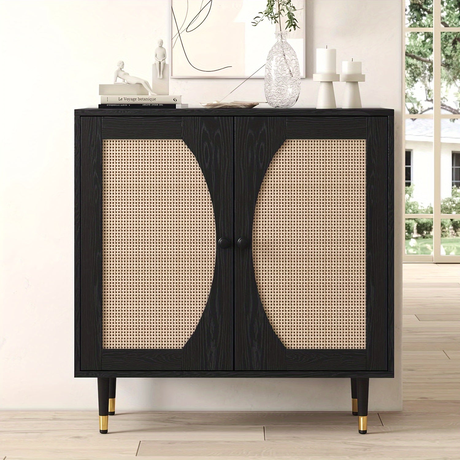 BlackSideboard Cabinet, Rattan Sideboard with Natural Rattan Doors, Black Rattan Console Table with Storage, Modern Accent Buffet Cabinet with Adjustable Shelves for Living Dining Room