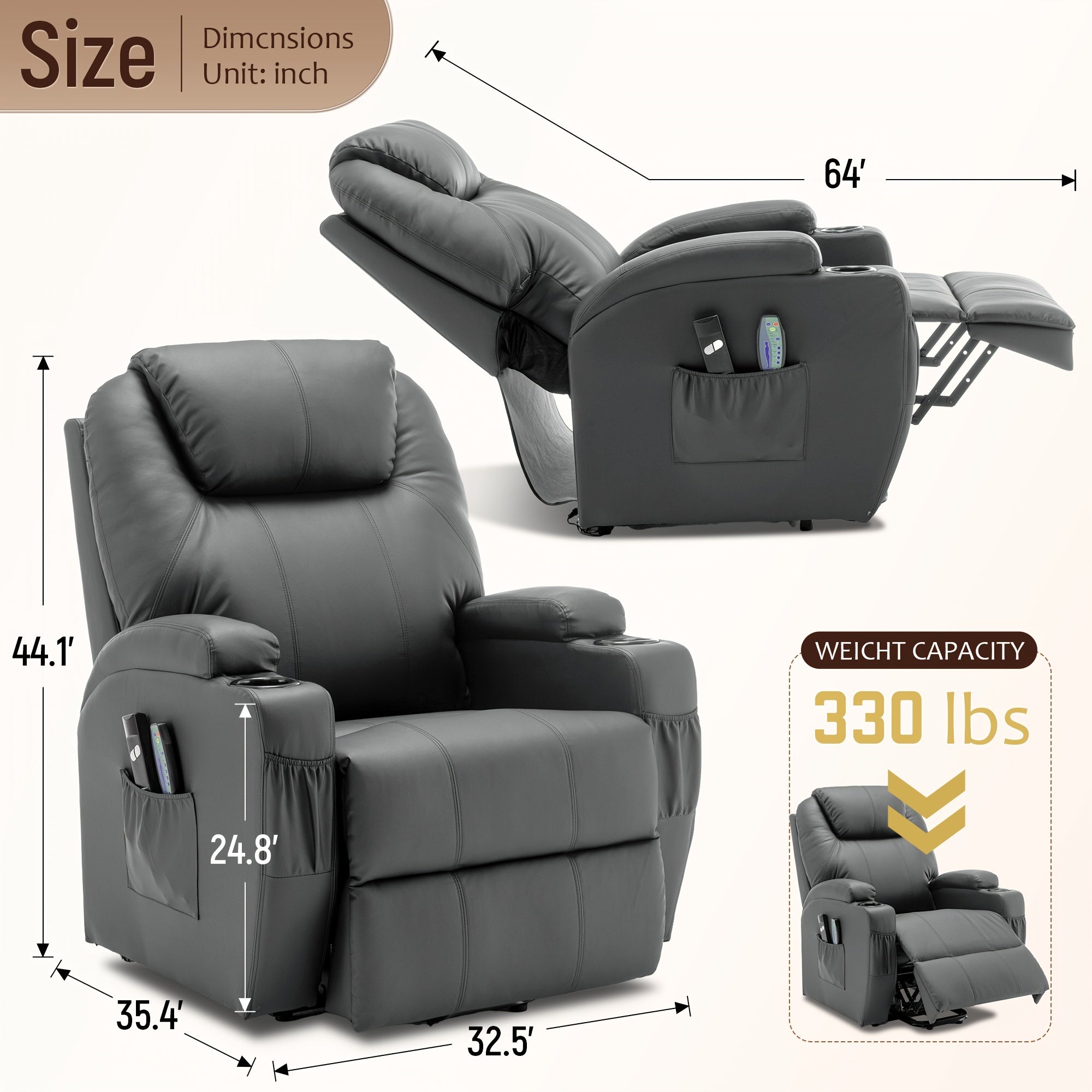 Lift Recliner Chair For Elderly With Side Pockets & Massage Remote Control, Power Lift Recliner With Heat&Vibration Massage