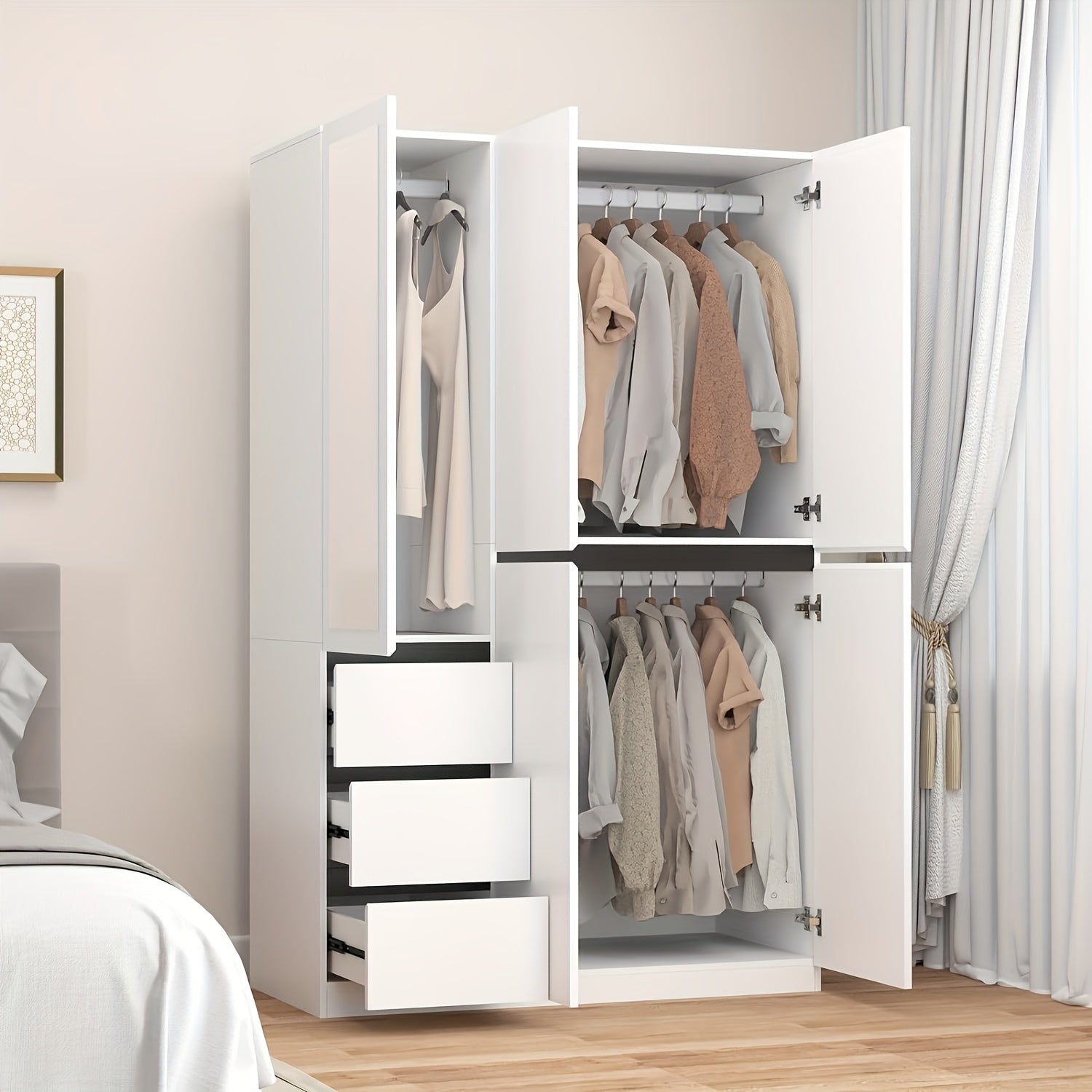 5-Door Armoire Wardrobe with Mirror - Spacious Storage Closet with 3 Drawers, Easy Assembly, Portable Closets