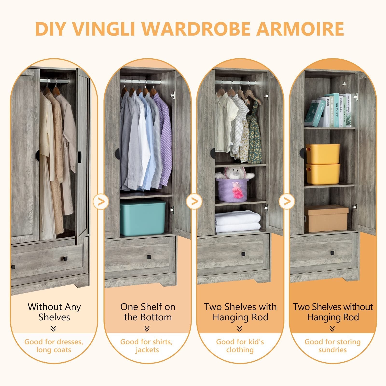 Wide Armoire Wardrobe Closet with Shelves, Hanging Rod and Drawers, Freestanding Closet Wardrobe Cabinet, Armoires and Wardrobes with Doors for Bedroom, Dorm