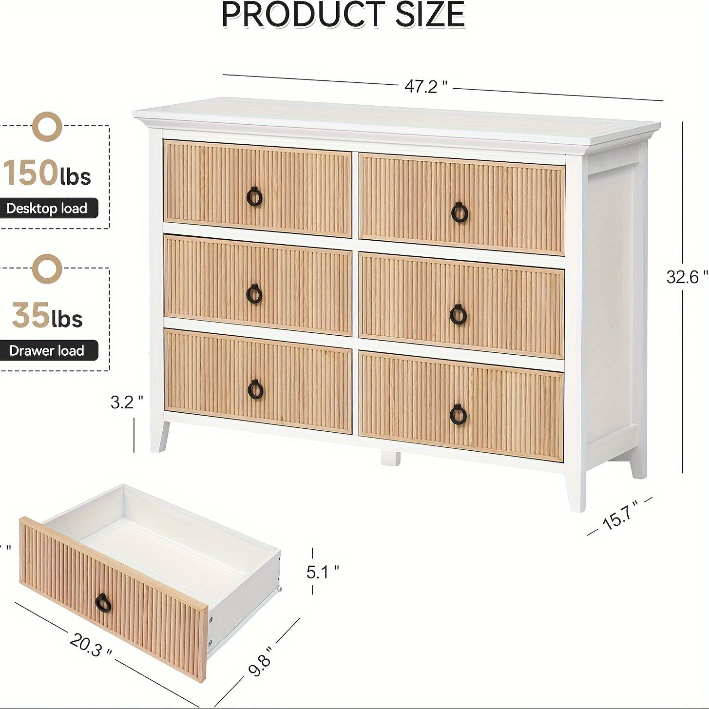 Fluted 6 Drawers Dresser for Bedroom, Modern Closet Dressers Chest with Fluted Panel, Wide Storage Dresser Organizer for Bedroom Hallway Closet Bedroom Living Room