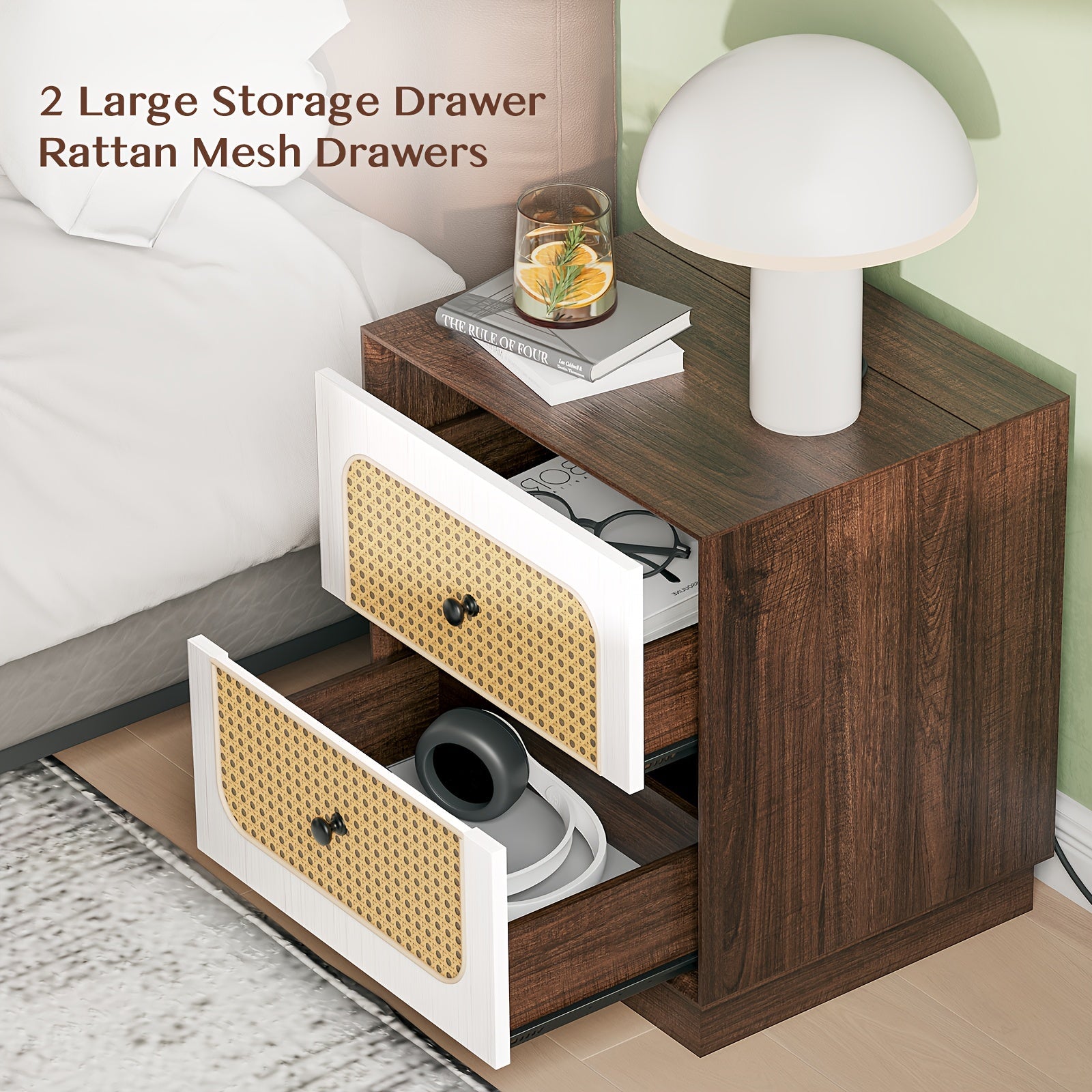 Modern Nightstand With Charging Station, Bedside Table With 2 Rattan Drawers, Boho Side Table With Storage, End Table For Bedroom, Living Room (Walnut White 1PCS)