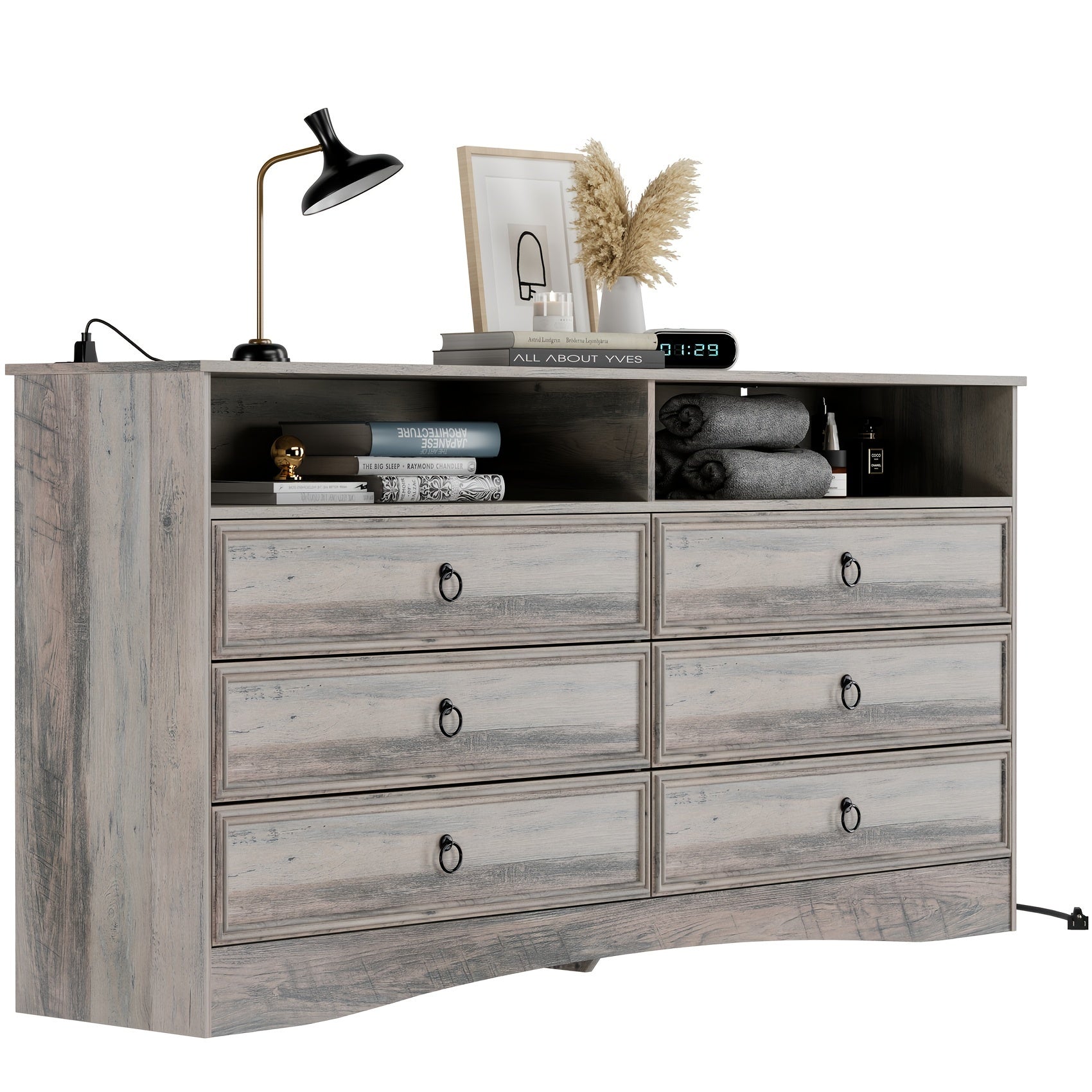 Vintage Farmhouse Grey Wood Dresser with 9 Drawers - Birch Finish, Perfect for Bedroom Storage