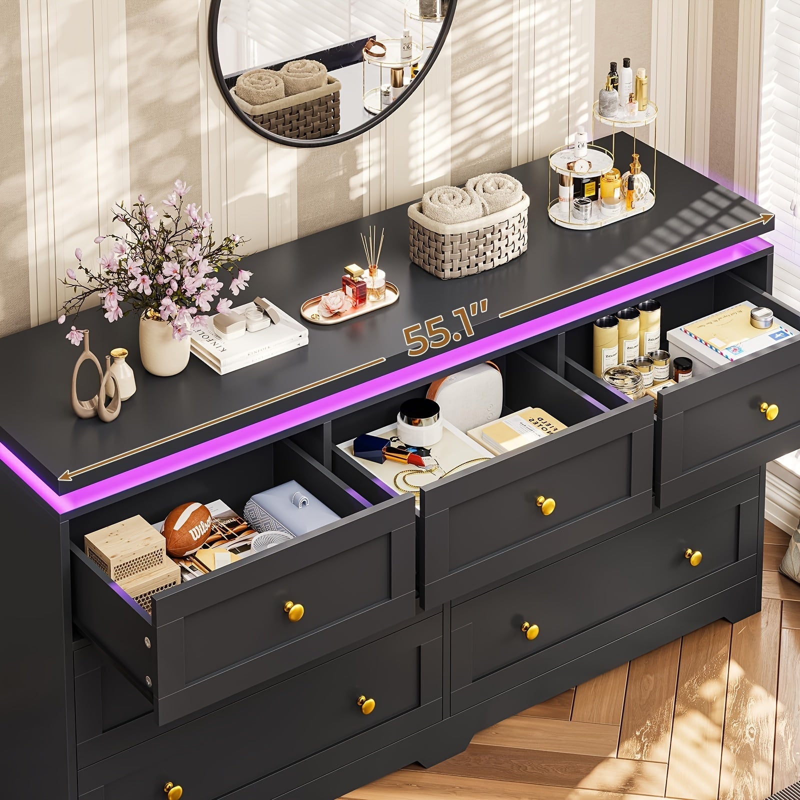 7 Drawers Dresser Bedroom Dresser With 7 Drawers Modern Chest Of Drawers With LED Lights 47’’ Wide Dresser With Metal