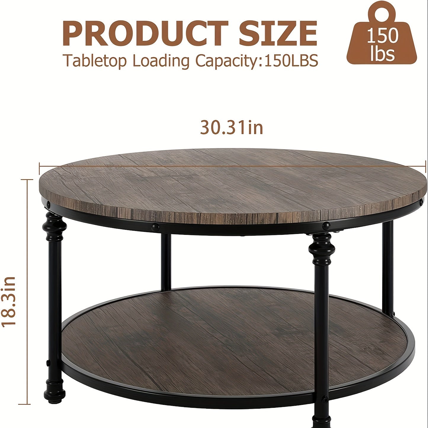 Round Coffee Table Rustic Center Table With Storage Shelf 2-Tier Industrial Accent Center Table Wood Circle Coffee Table With Sturdy Metal Legs, Easy Assembly