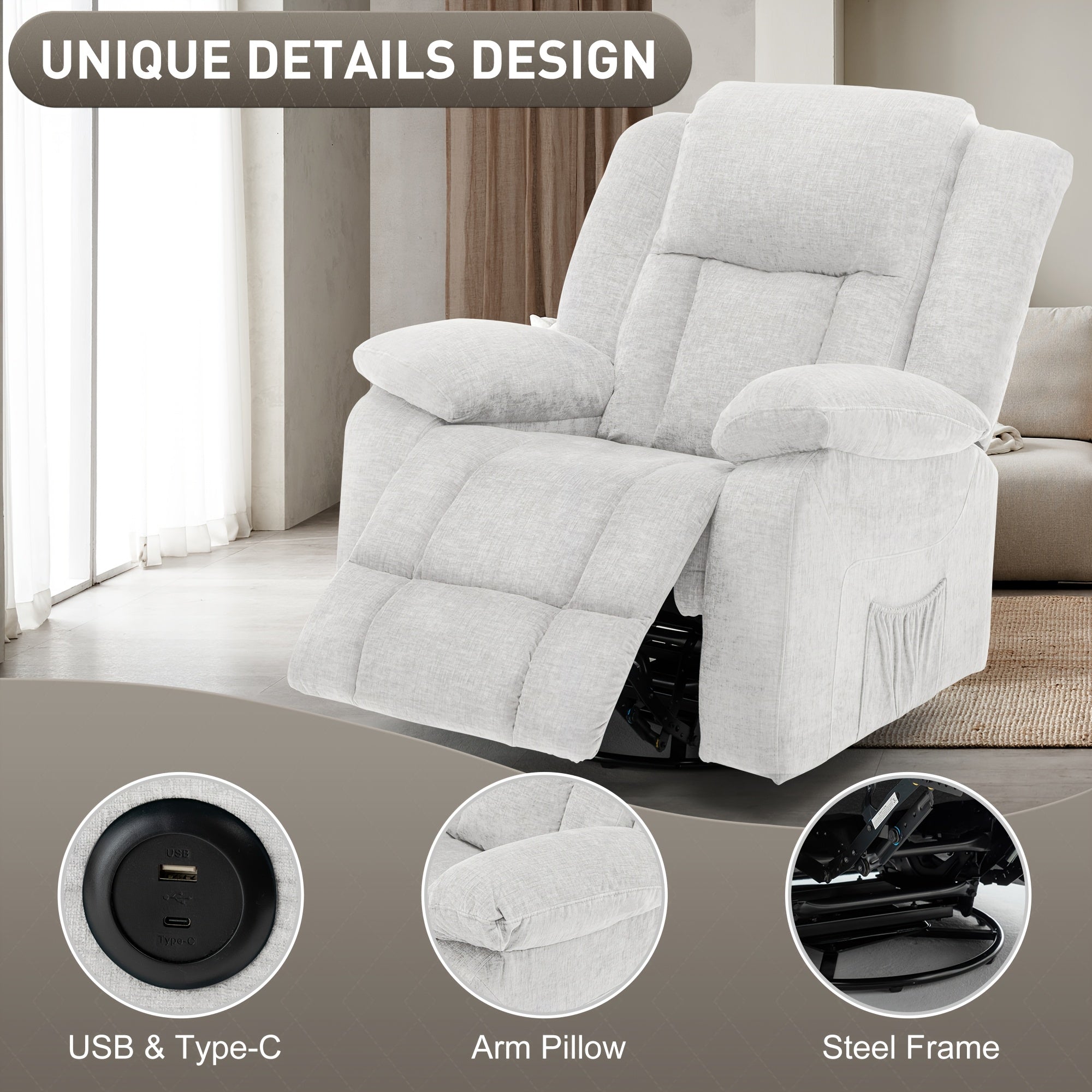 Recliner Chair, Rocking Chair With Massage And Heat, 360° Swivel Recliner Chairs For Adults, Rocker Manual Recliner With Remote Control And USB Port For Living Room, Bedroom, Nursery