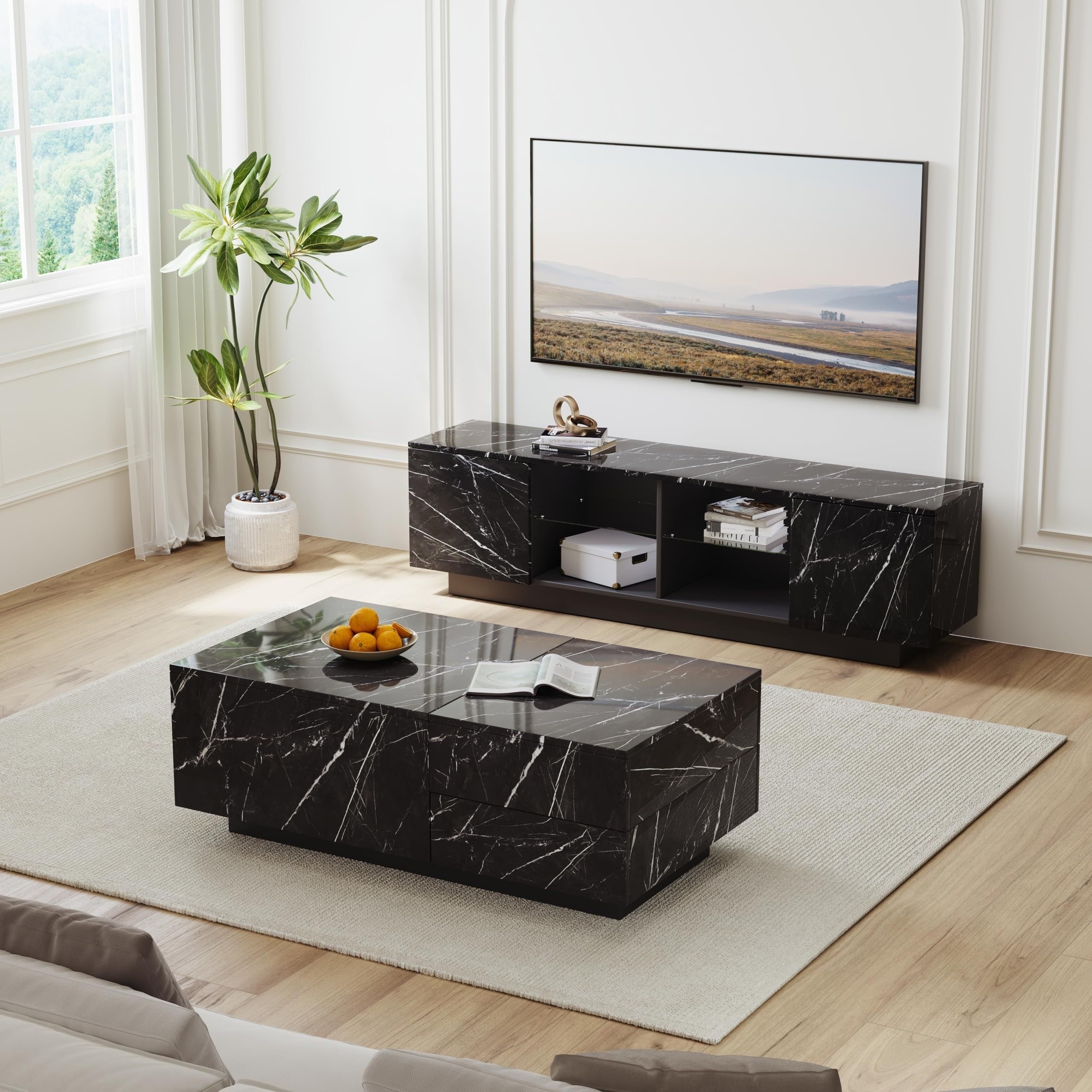 LED TV Stand For 50/55/60/65 Inch TV, Modern Marble Wood Television Table With Storage And Glass Shelves, High Glossy Entertainment Center For Living Game Room