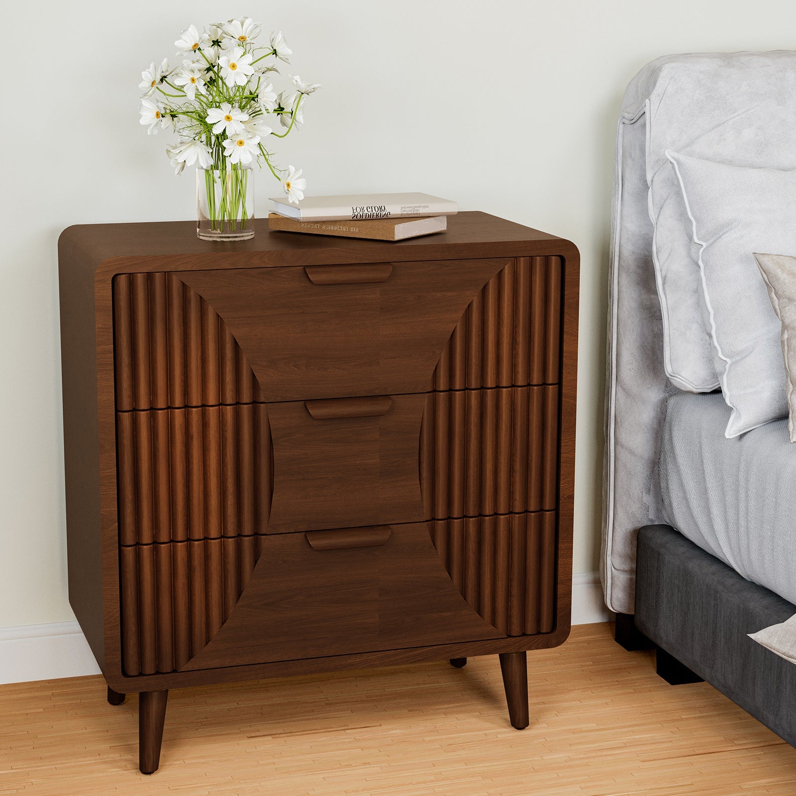 Mid-Century Nightstand, Modern MDF Bedside Table, Wood Accent End Table with One Storage Drawer for Bedroom Living Room, Brown