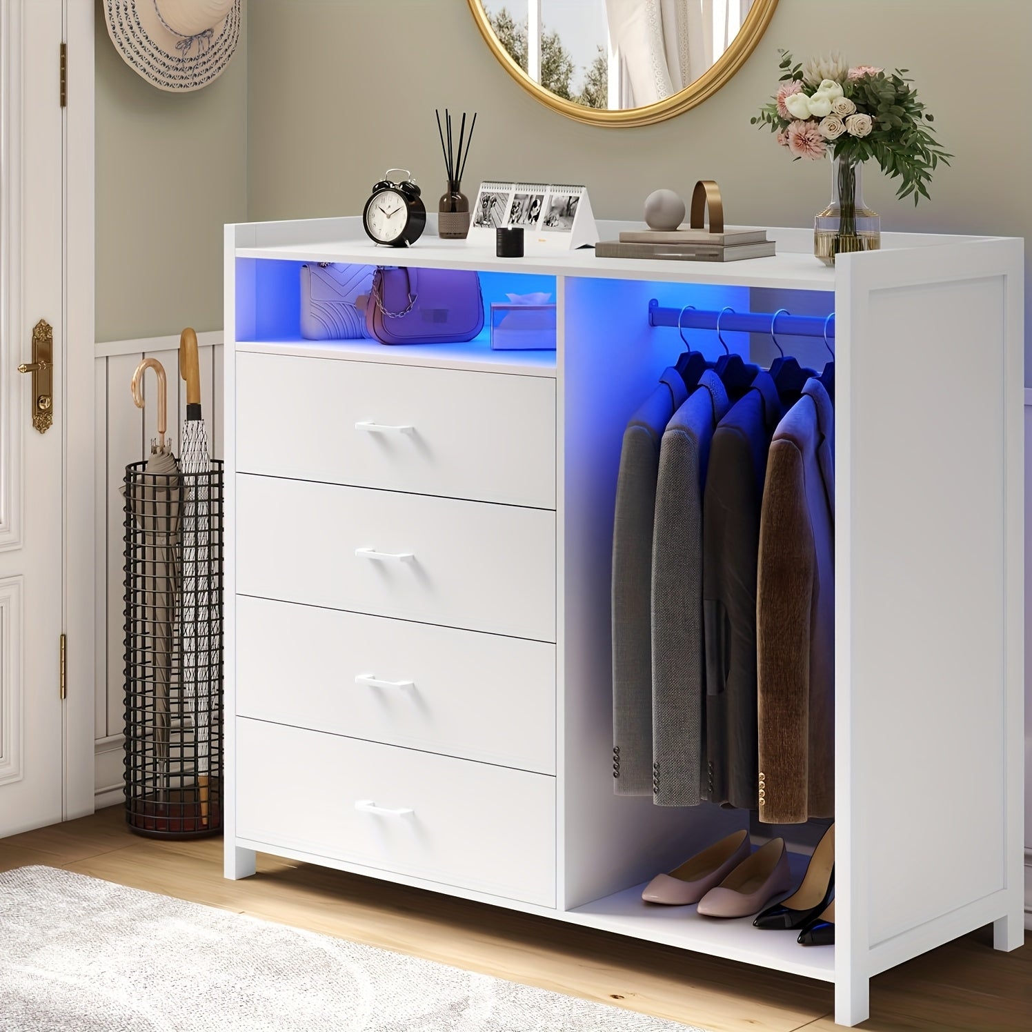 Modern White 4-Drawer Dresser with LED Lights - Versatile Storage Chest for Bedroom, Includes Clothes Rail & Open Shelf