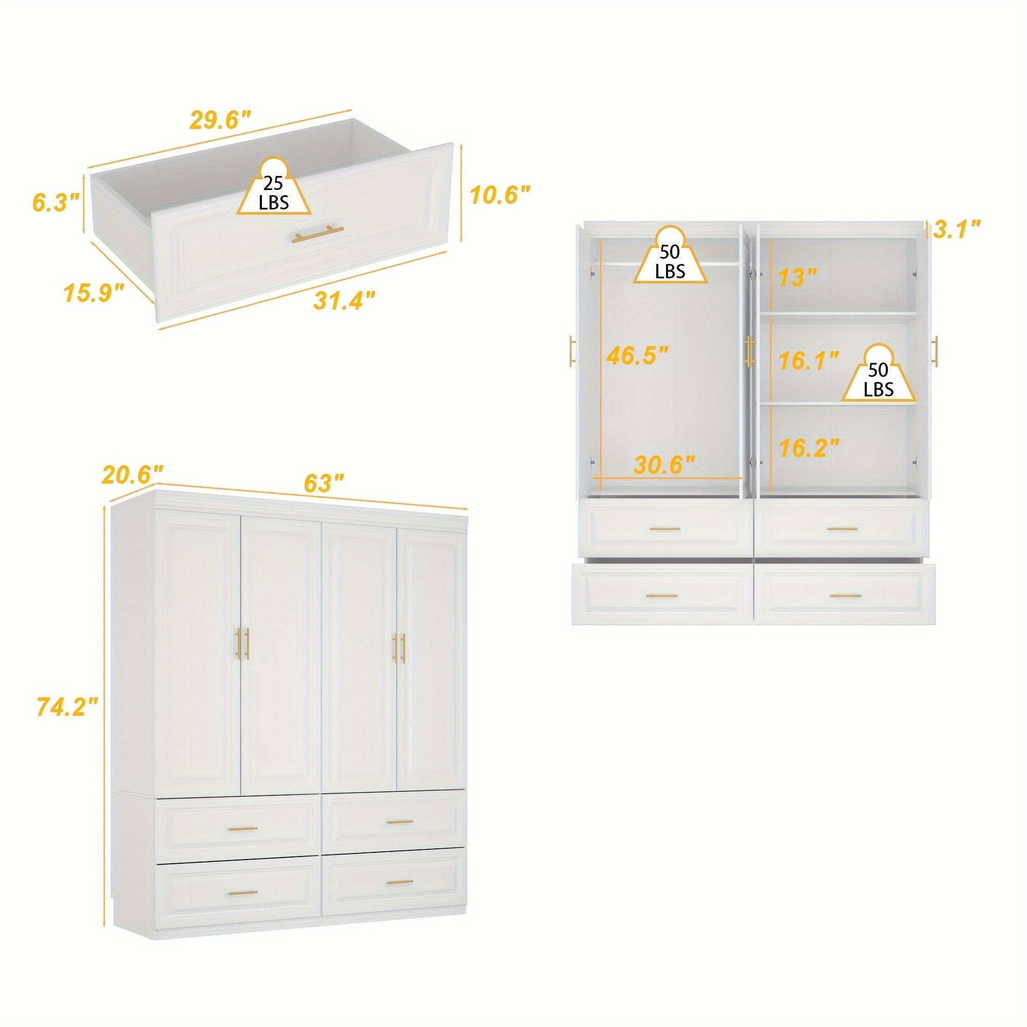 93.9"H/74.2"H Armoire Wardrobe Closet Cabinet With Hanging And Drawer Storage