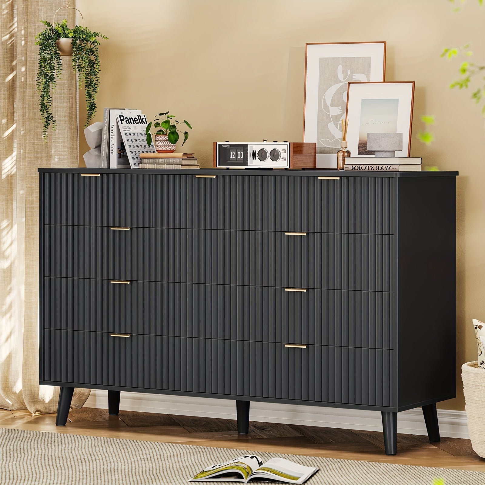 Fluted 9 Drawers Dresser, Waveform Fluted Panel Cabinet, Black/ Oak