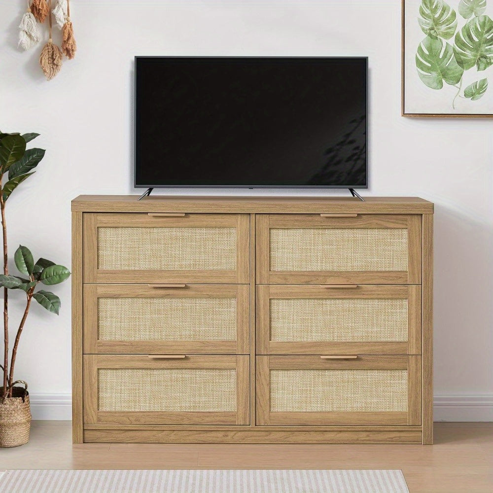 Boho Chic Hampstead Dresser - 6-Drawer Rattan & Wood Chest, Versatile TV Stand for Living Room or Bedroom, 52.76" W x 17.72" D x 31.69" H