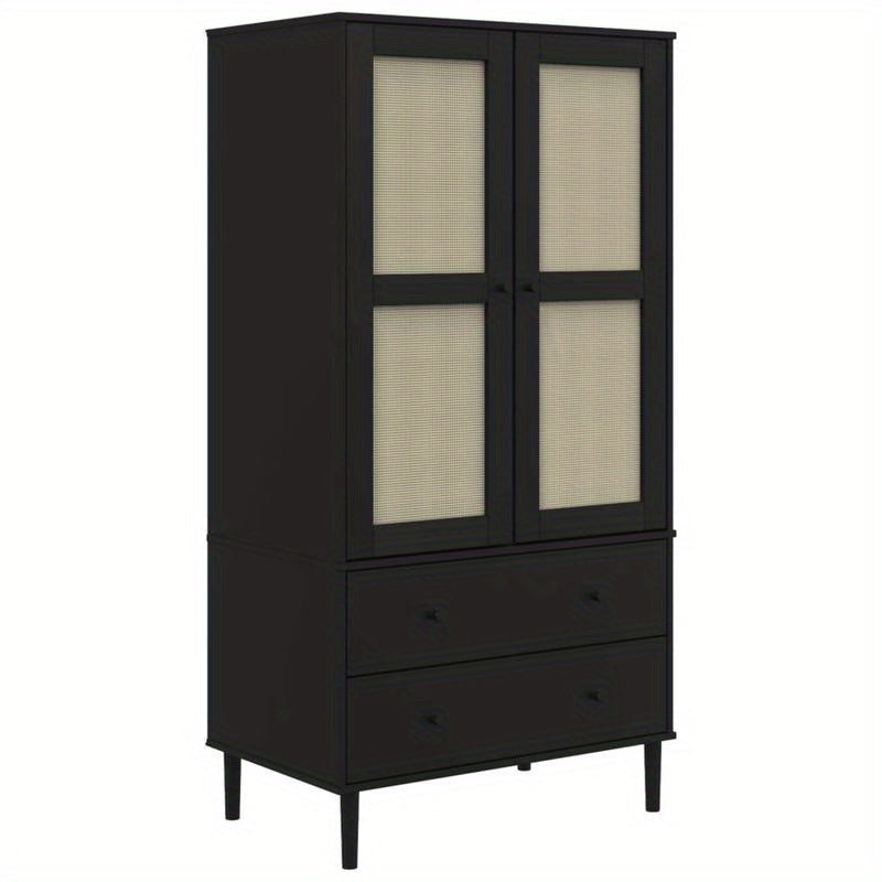 Wardrobe Rattan Look Black 35.4"x21.7"x68.9" Solid Pine