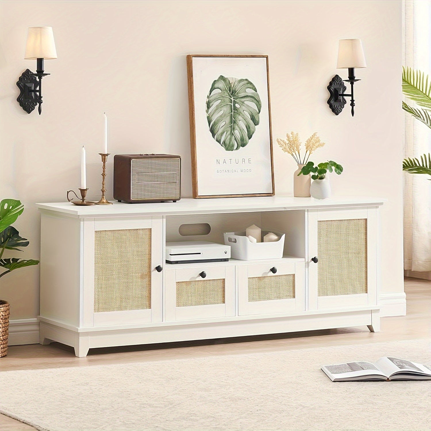 White Rattan TV Stand For 65 Inch TV, Modern Console Table With Storage For Living Room, Entertainment Center Cabinet 63 X 16 X 23 Inches, Mid Century Modern TV Stand