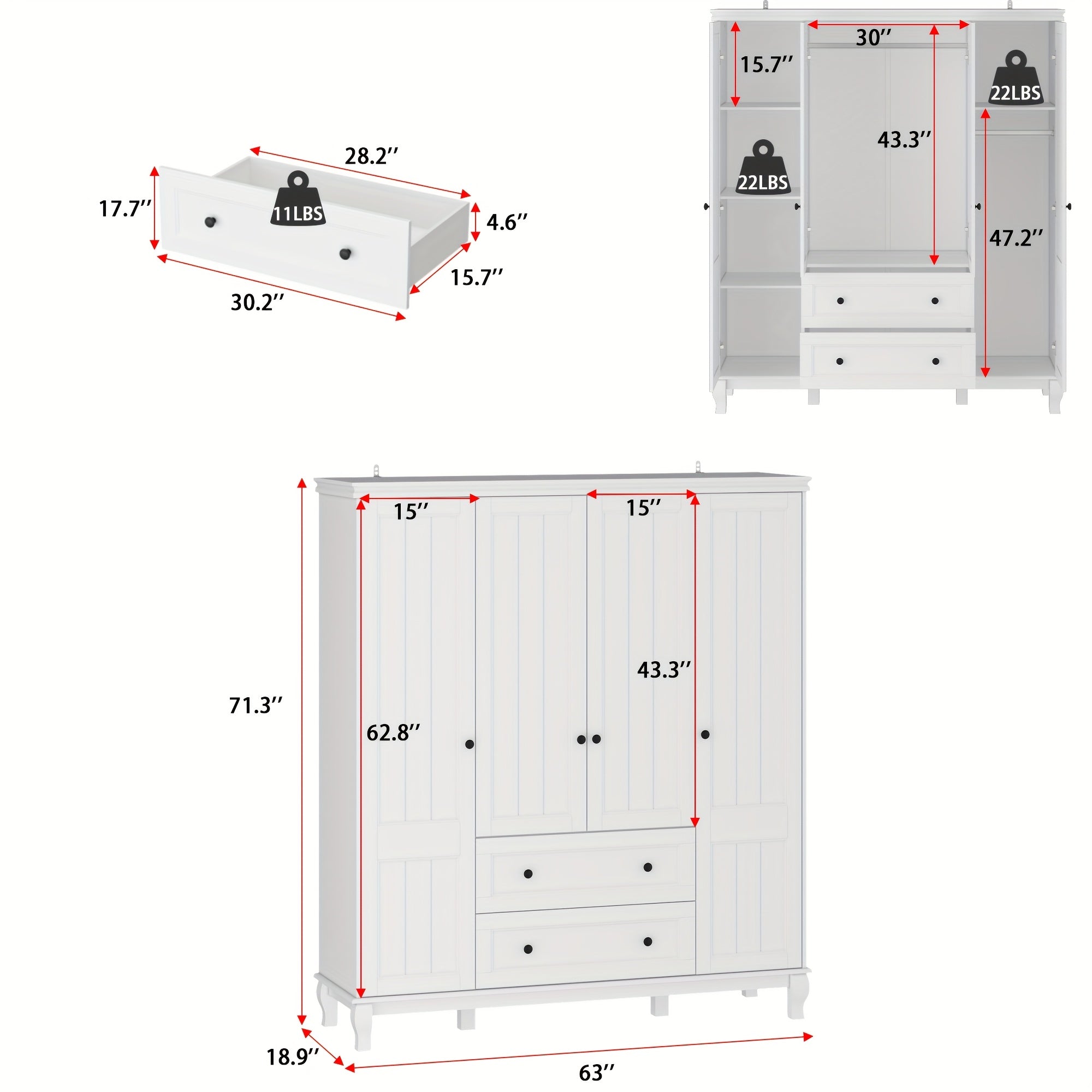 Spacious Modern White Wooden Wardrobe Armoire with 4 Doors & 2 Drawers - Elegant Storage Solution for Bedroom, Features Hanging Rods & Decorative Top Space, Durable MDF Construction