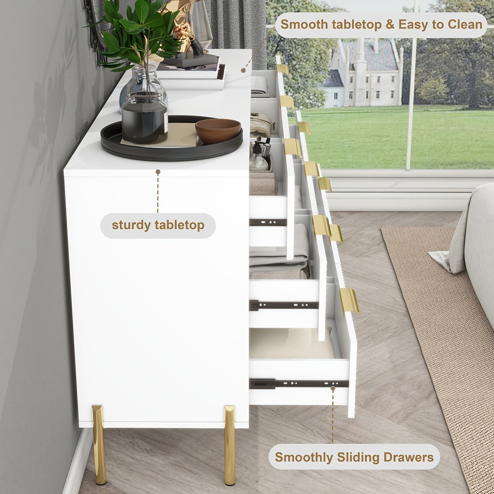 Modern White and Golden Bedroom Dresser with 9 Drawers Metal Feet and Golden Pulls - Hardwood Fiberboard Storage