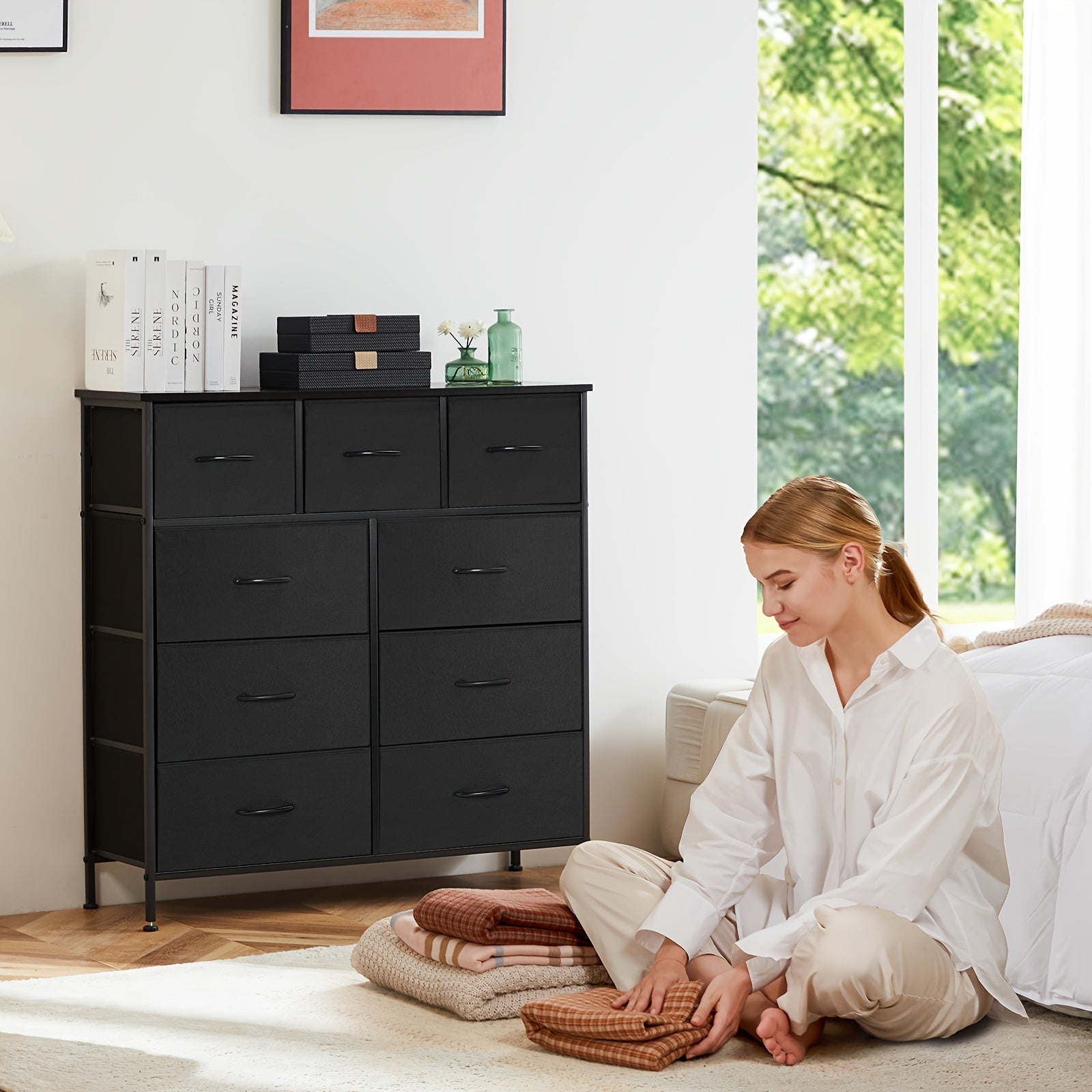 Dresser for Bedroom 9 Storage Drawers Tall Fabric Closet Chests Organizer Tower Furniture with Wooden Top Metal Frame