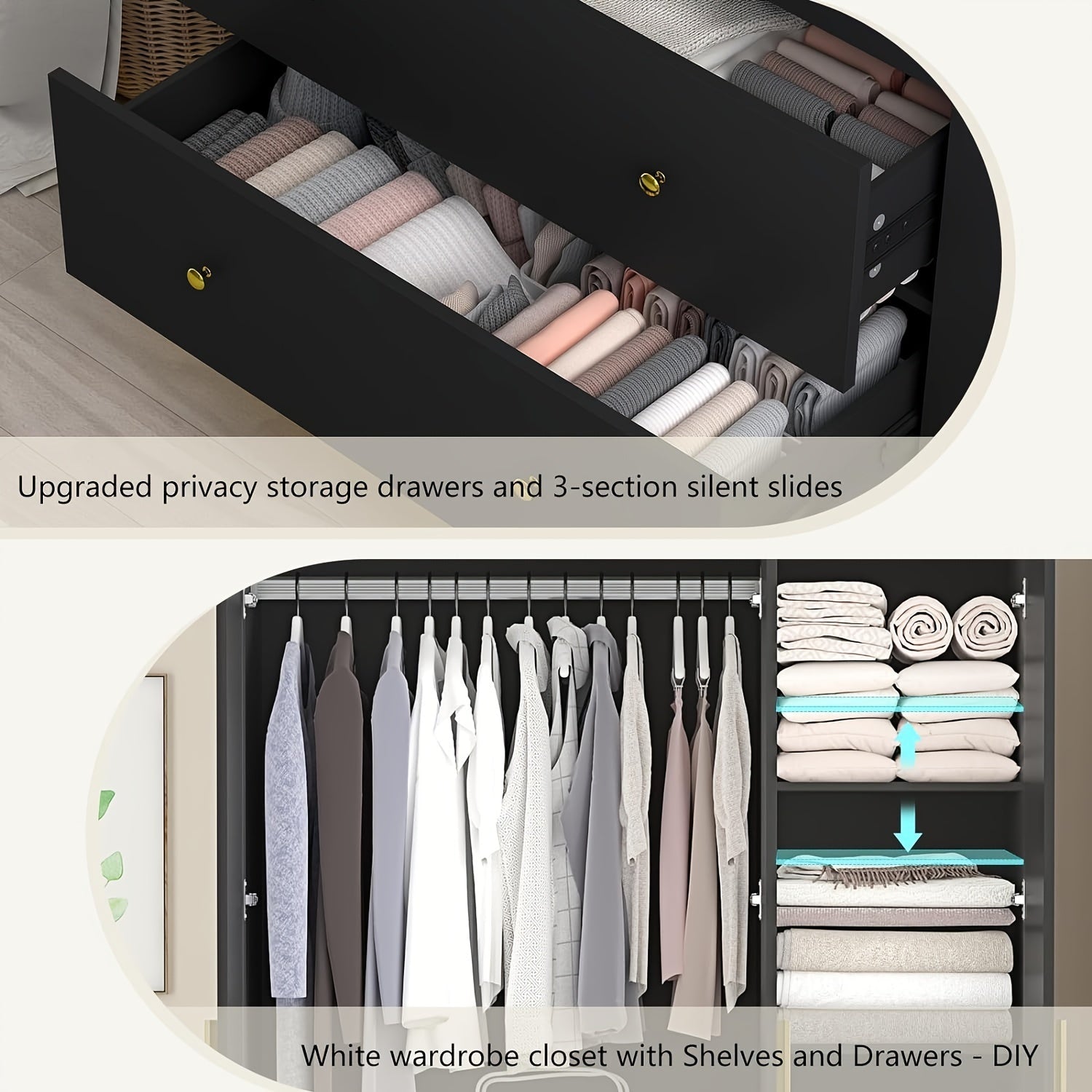 3 Door Wardrobe Closet With Mirror & LED Lights Bedroom Armoire With Drawers & Shelves Modern Wooden Armoire Wardrobe