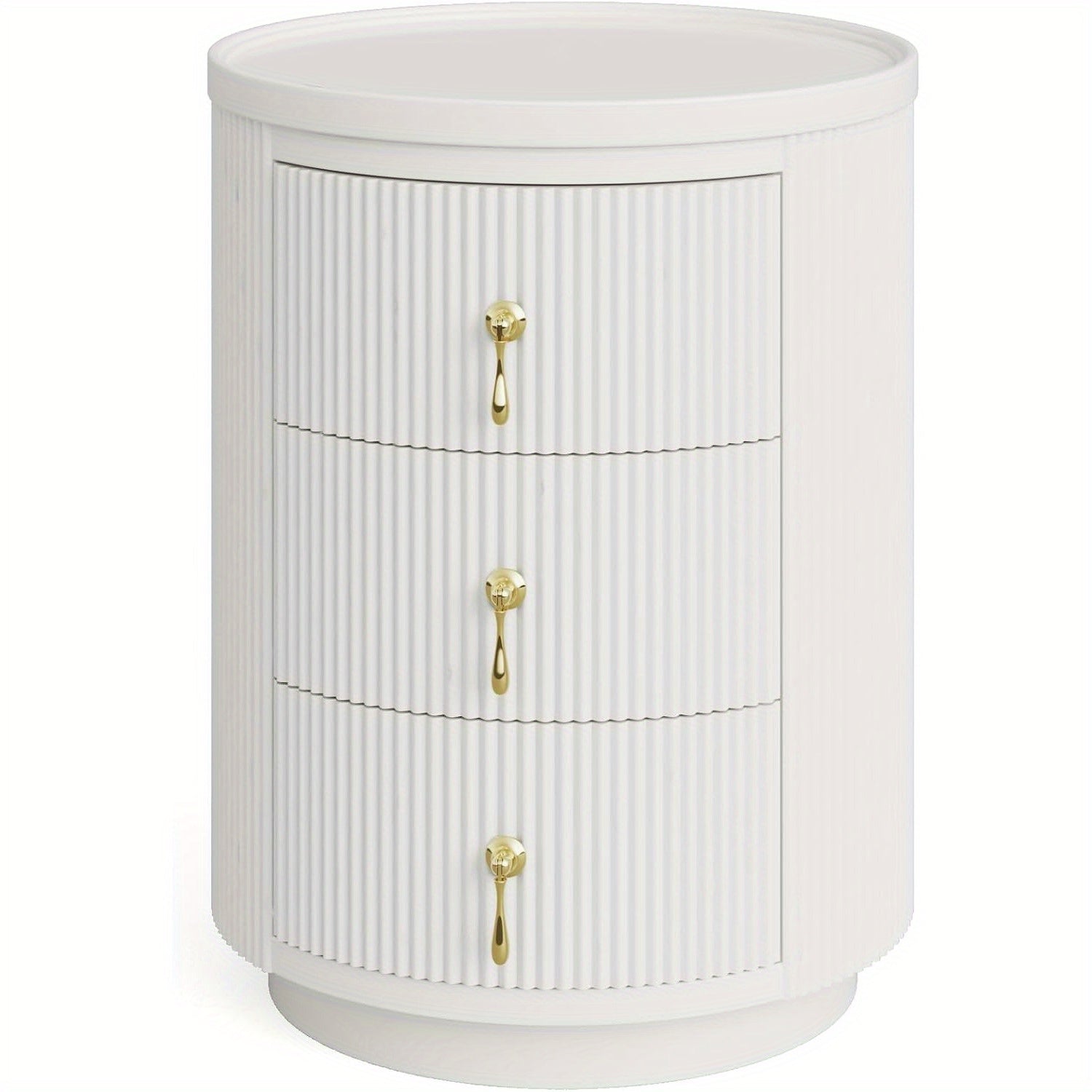 No Assembly Nightstand with 3 Drawers, Modern Round Bedside Table Night Stand for Bedroom, End Table Side Table with Storage and Gold Handles, White