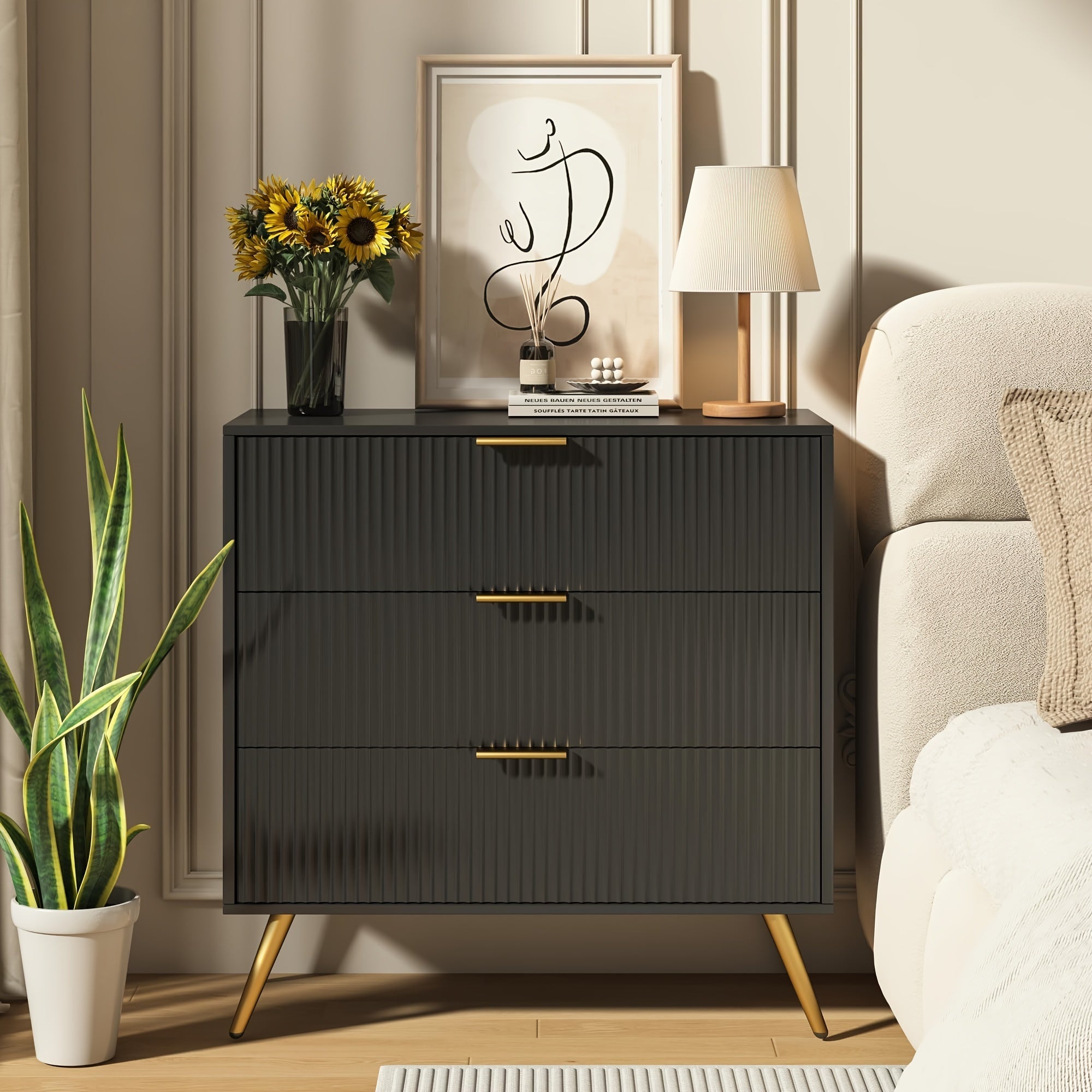Fluted Accent 3 Drawer Dresser Mid Century Modern Chest of Drawers with Wide Drawers Metal Legs Storage Dressers Chest