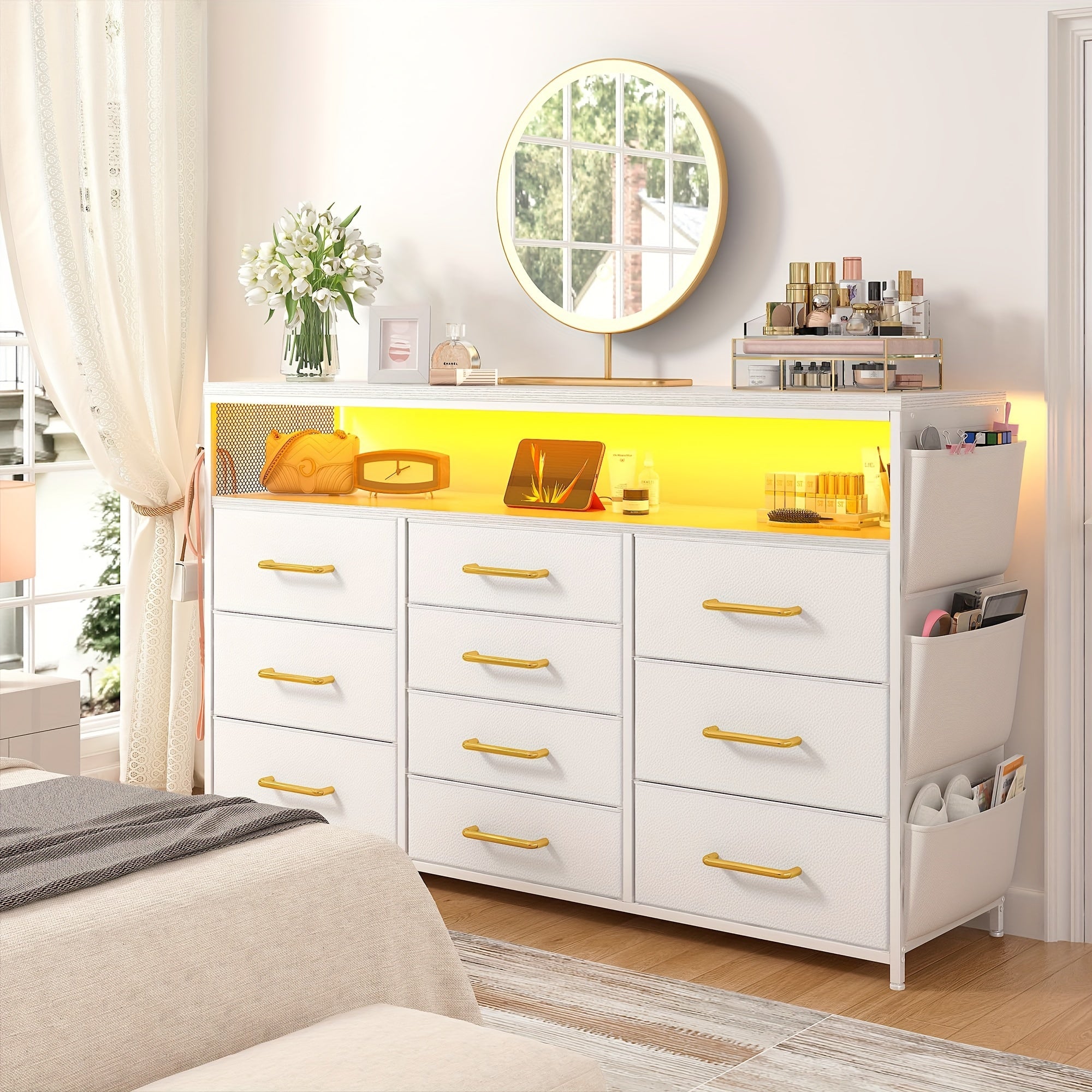 Dresser TV Stand With 10 Drawers For 140cm TV Stand For Bedroom With LED Lights & Power Outlets Wide Dresser