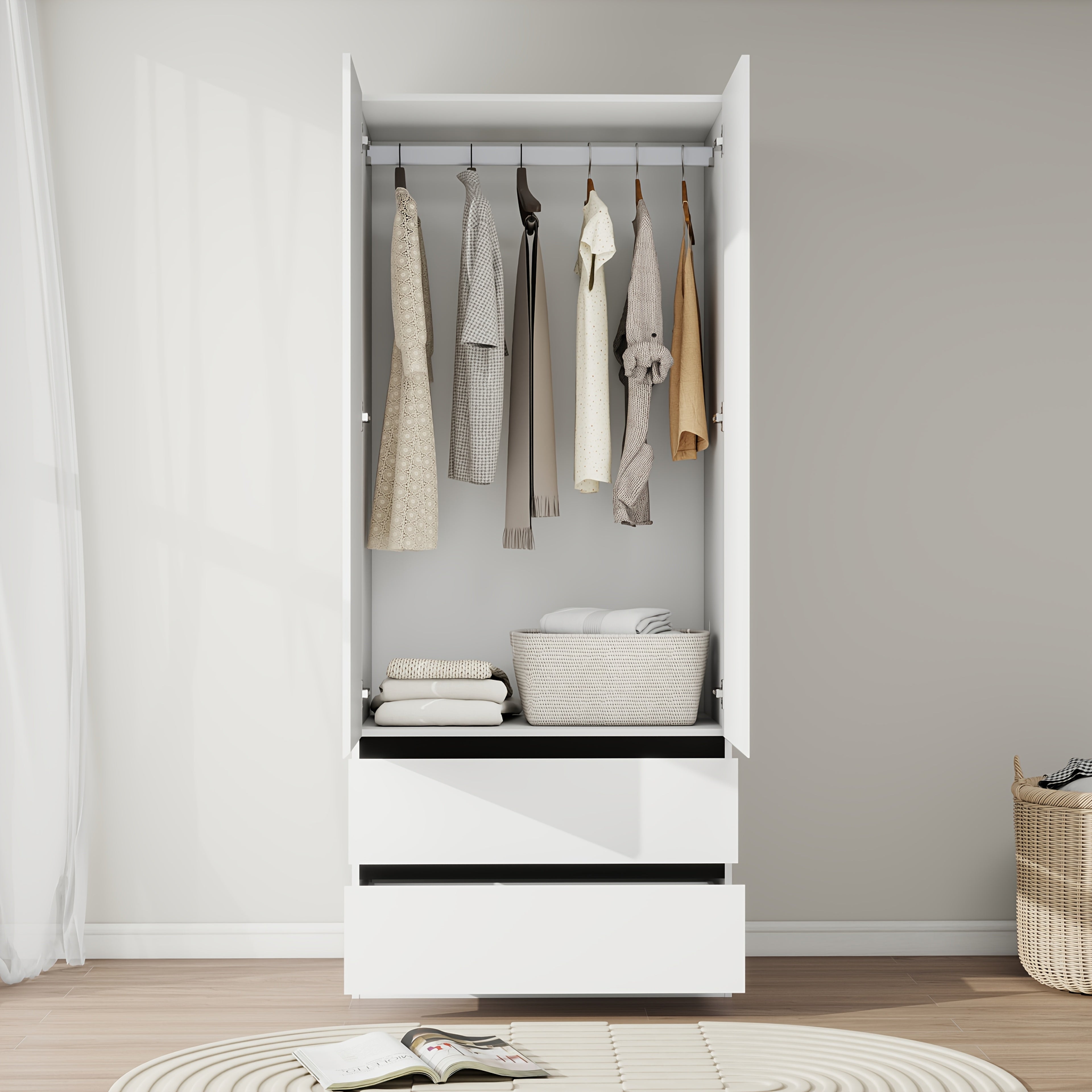 Bedroom Wardrobe with 2 Doors, 75 Inch White Wooden Wardrobe with 2 Drawers, Modern Large Wardrobe, Clothes Hanging Wardrobe