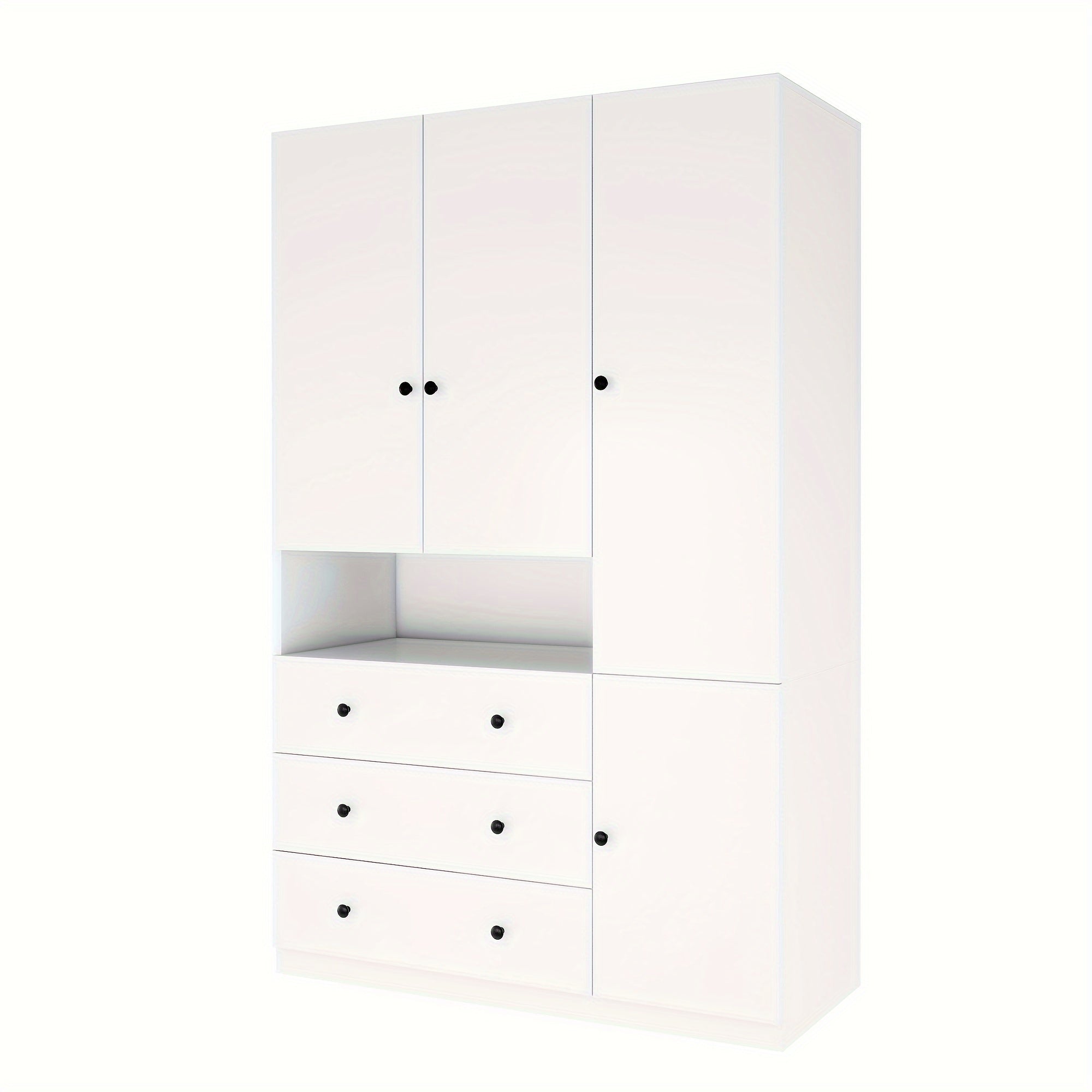 Spacious 3-Door White Wooden Armoire Wardrobe with Hanging Rod - Large Capacity, 3 Drawers & Open Storage, Perfect for Bedroom Organization