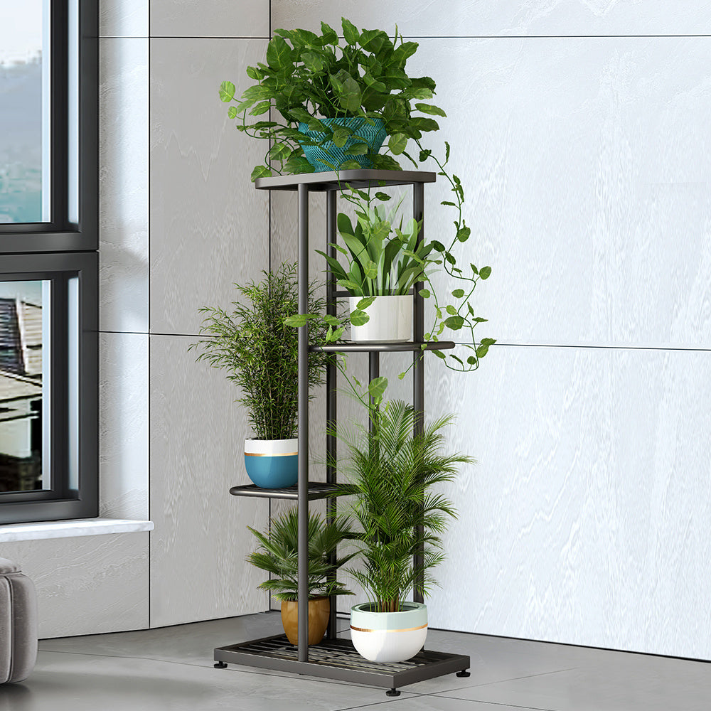 Sturdy 4-Tier Metal Plant Stand for Indoor/Outdoor Use - Space-Efficient 5-Pot Holder, Rust-Resistant with Wide Base & Rounded Edges - Ideal for Patio, Garden Corner, Living Room Decor, Standing Shelf