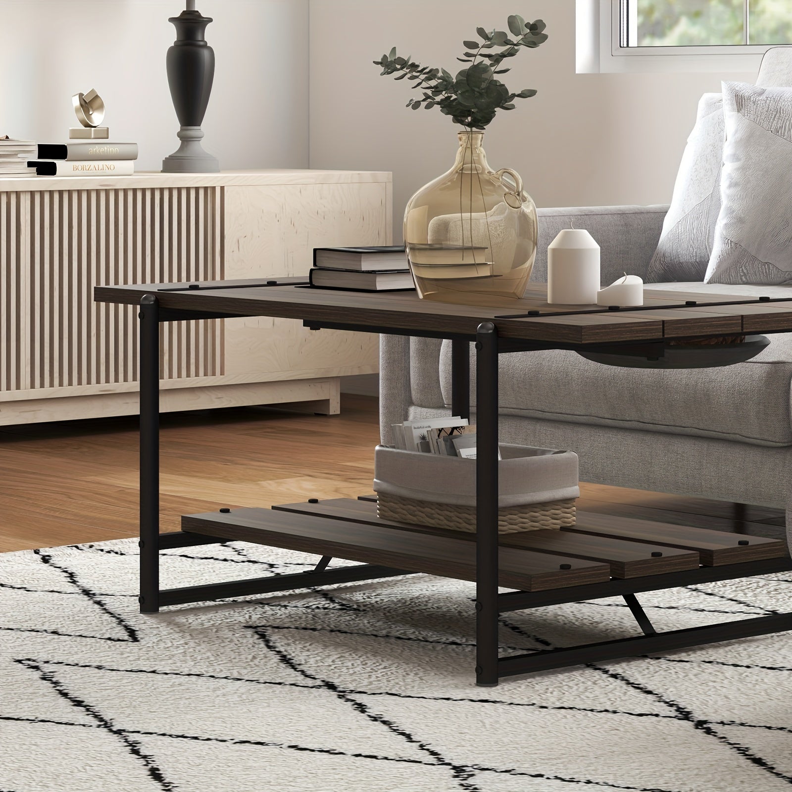 Rustic 2-Tier Wooden Coffee Table with Metal Frame Large Storage Shelves Industrial Design for Living Room or Home