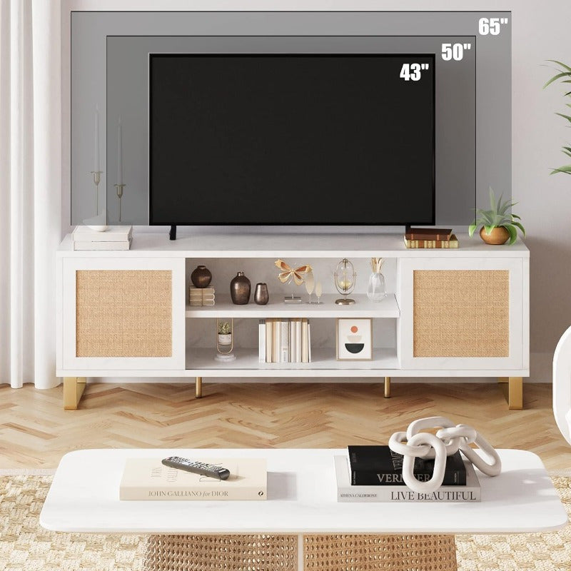 Rattan Tv Stand for 65 Inch, Modern White Entertainment Center with Marble Color, Tv Console Cabinet with Storage, Doors and Shelves, Media Tv Cabinet Furniture for Living Room Bedroom