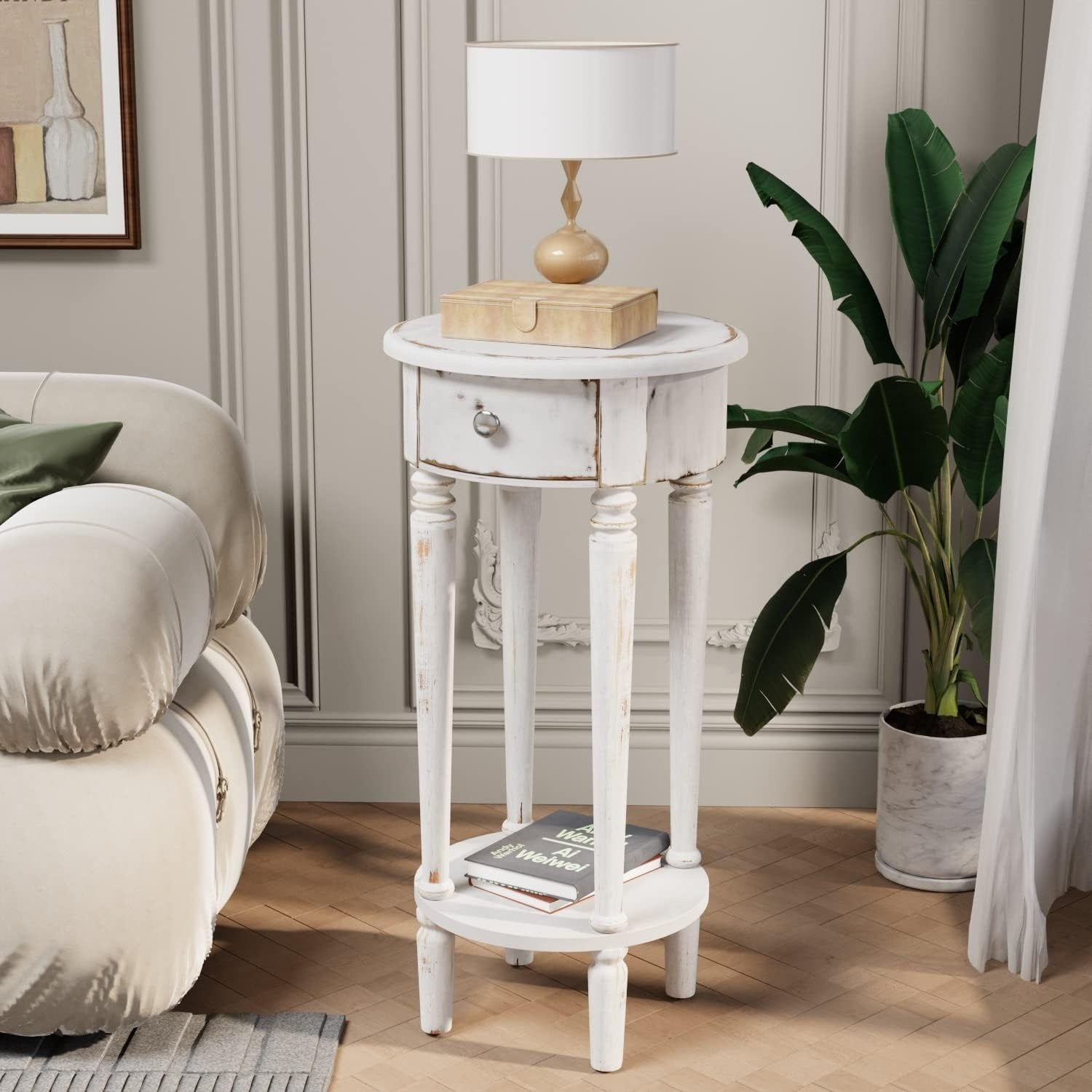 Tall End Table With Drawer, Round Nightstand Bedside Table With Storage Shelf, Industrial Telephone End Table For Living Room, Bedroom, Hall Way, Space Saving, Christmas Holiday Decorations Side Table