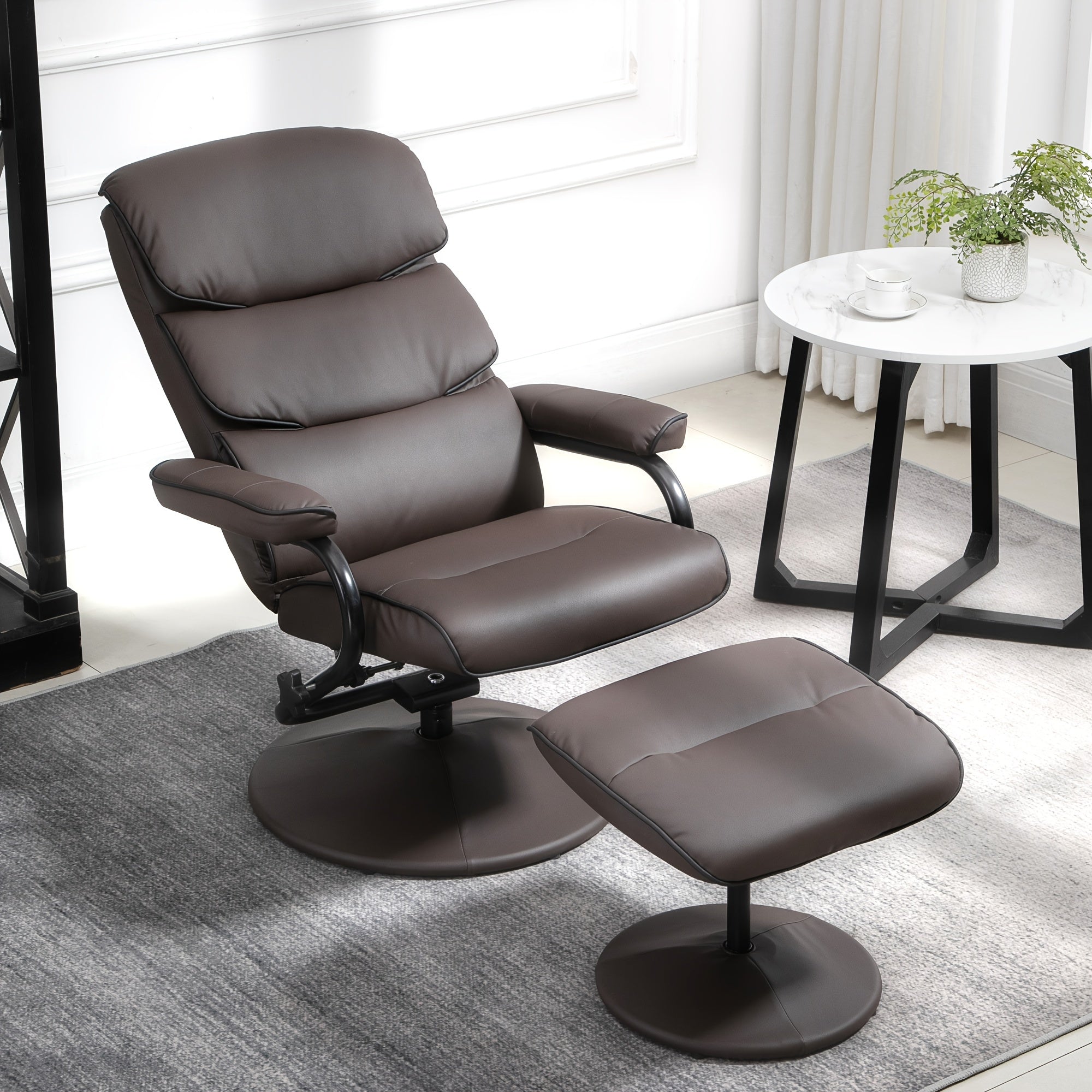 Recliner Chair With Ottoman, PU Leather Swivel High Back Armchair W/ Footrest, 135° Adjustable Backrest And Thick Foam Padding, Brown