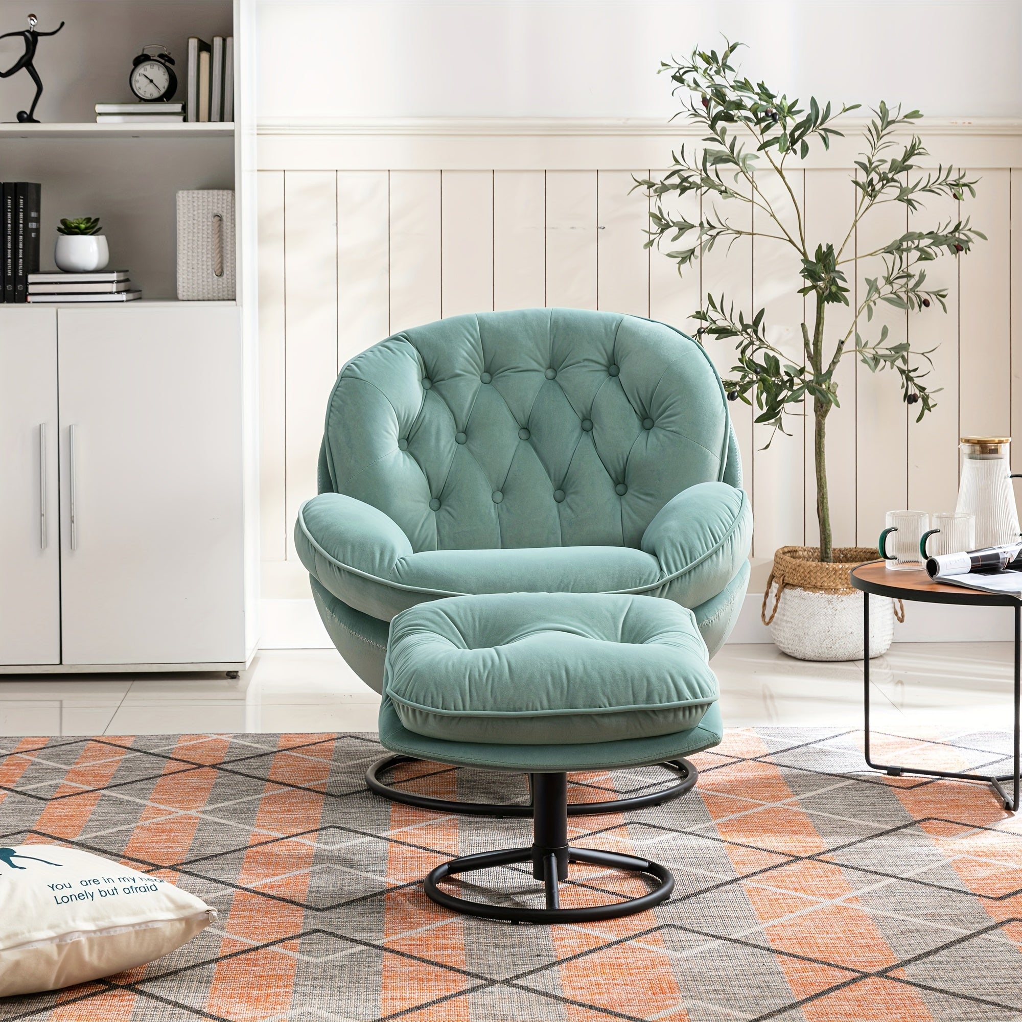 Velvet Swivel Accent Chair With Ottoman Set, Modern Tufted Armchair With Footrest For Living Room, Reading TV Chairs For Adults, Comfy Chaise Lounge Chairs With 360 Degree Swiveling For Bedroom - TEAL