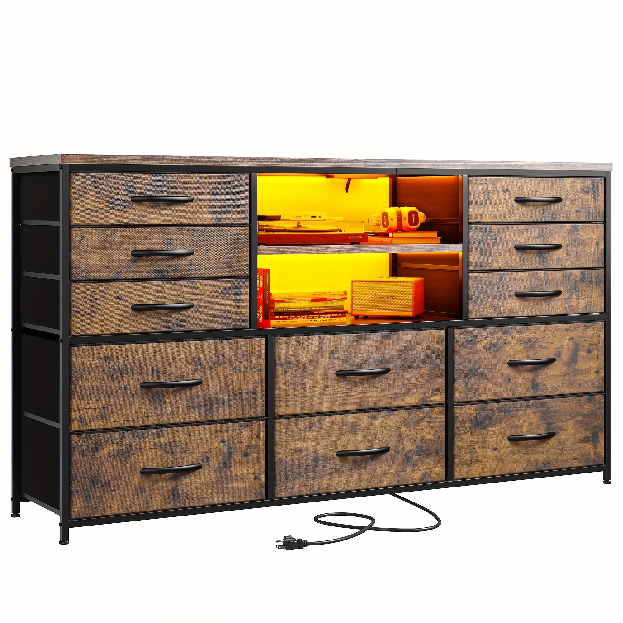 Dresser With LED Lights & Power Outlets 12 Drawers Dresser TV Stand For 60’’TV For Bedroom Dresser Fabric Dressers &