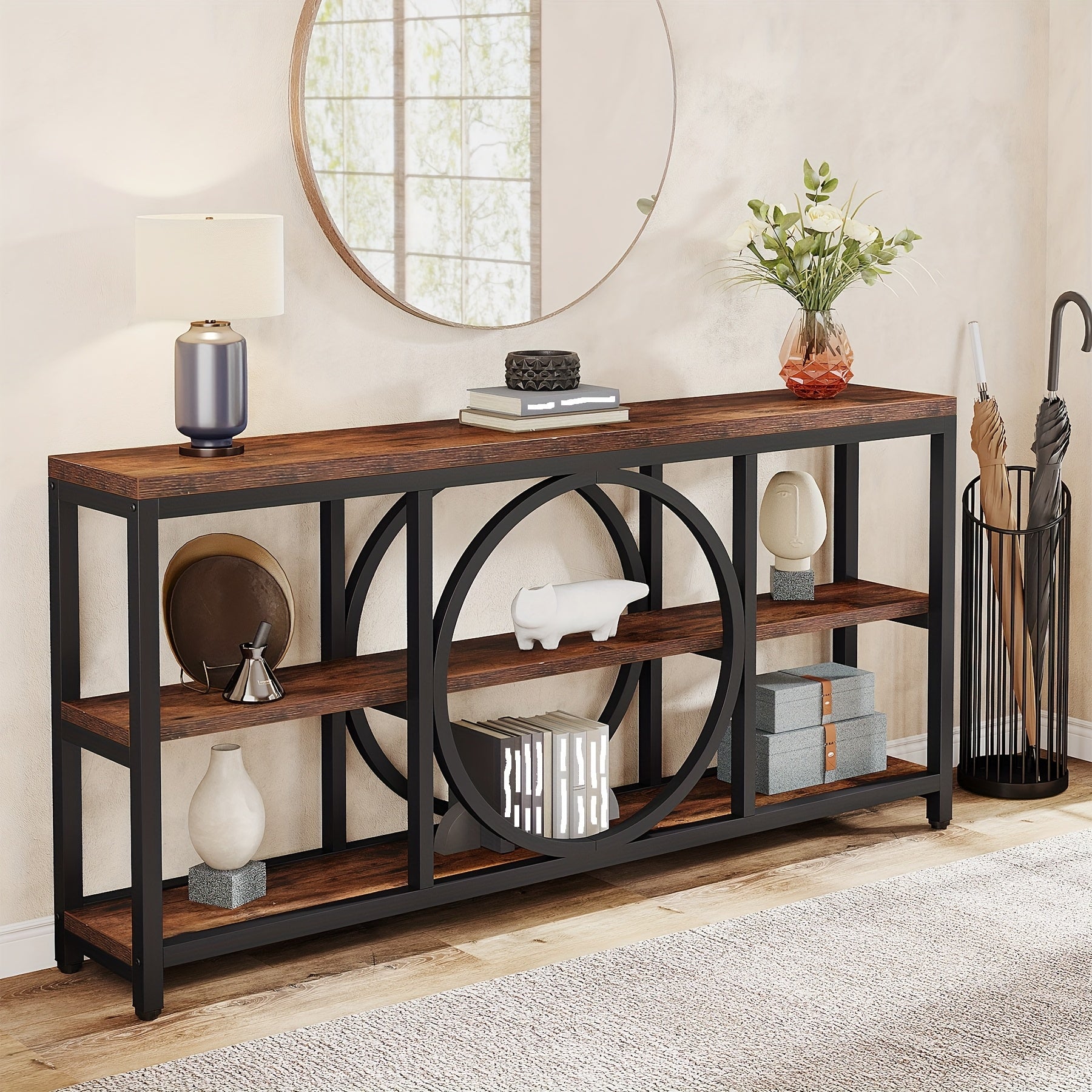 Rustic Brown & Black 70.9" Extra Long Console Table with 3-Tier Storage Shelves - Durable MDF Top, Industrial Metal Frame for Entryway, Living Room, or Behind Couch, Christmas Renewals, Narrow Sofa Tables