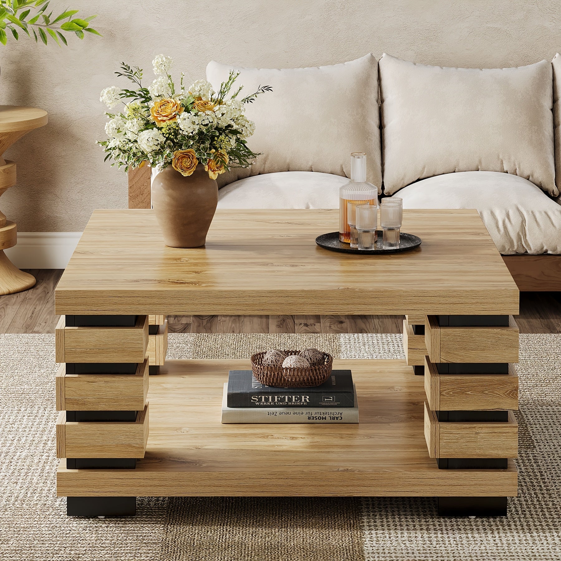 Vintage Light Brown Oak Coffee Table, 39.4" Square Center Table with Storage Shelf, 2-Tier Farmhouse Tea Table for Living Room and Home Office, LITTLE TREE