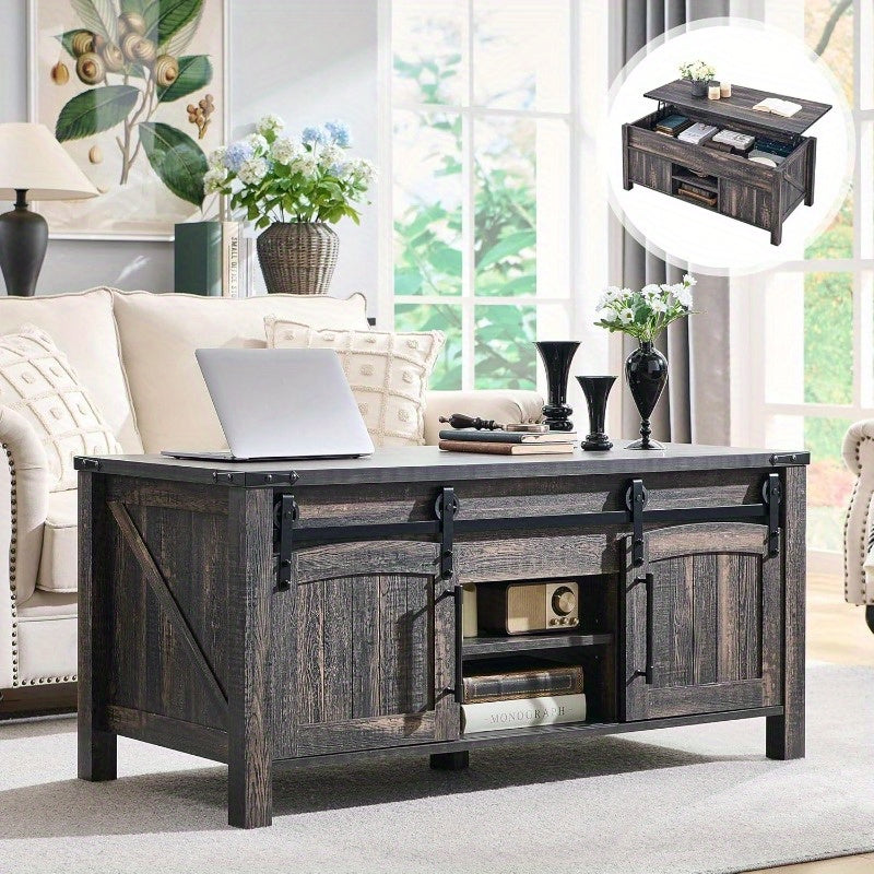 Farmhouse Lift Top Coffee Table with Sliding Door 48-Inch Spacious Rustic Center Table: Equipped with Hidden Storage
